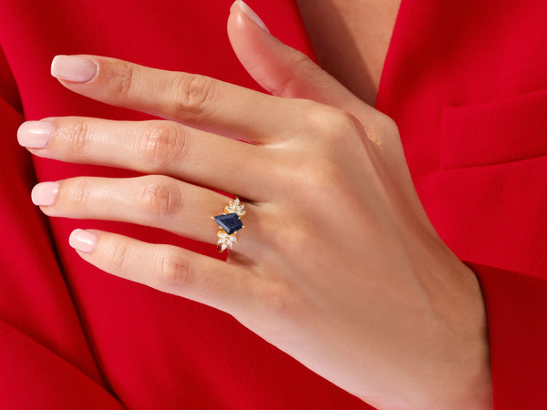 Kite Blue Sandstone Vintage Engagement Ring with Moissanite Sidestones