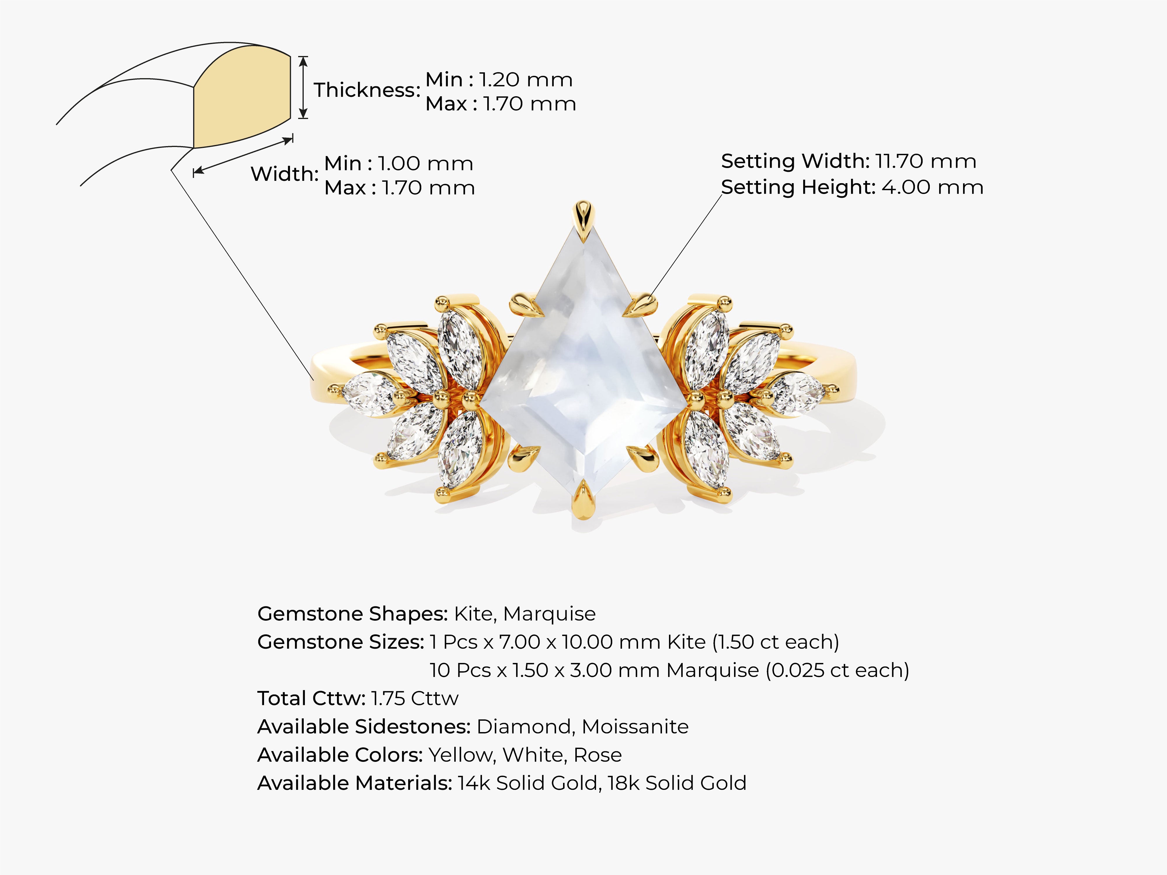 Gold ring with kite and marquise gemstones, diamond sidestones