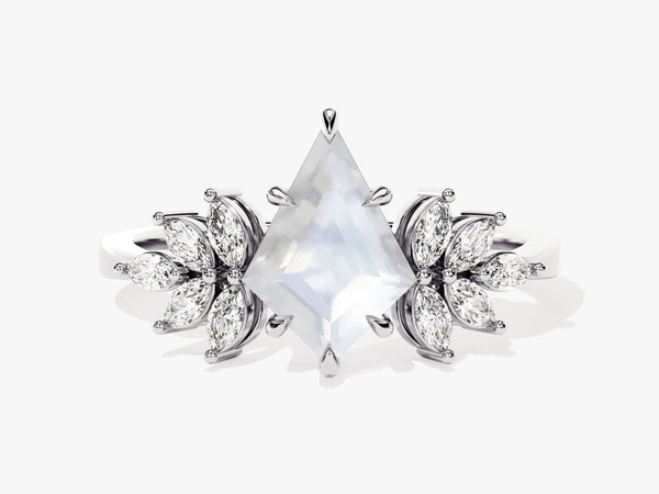 Diamond engagement ring with kite-cut center stone and marquise side stones