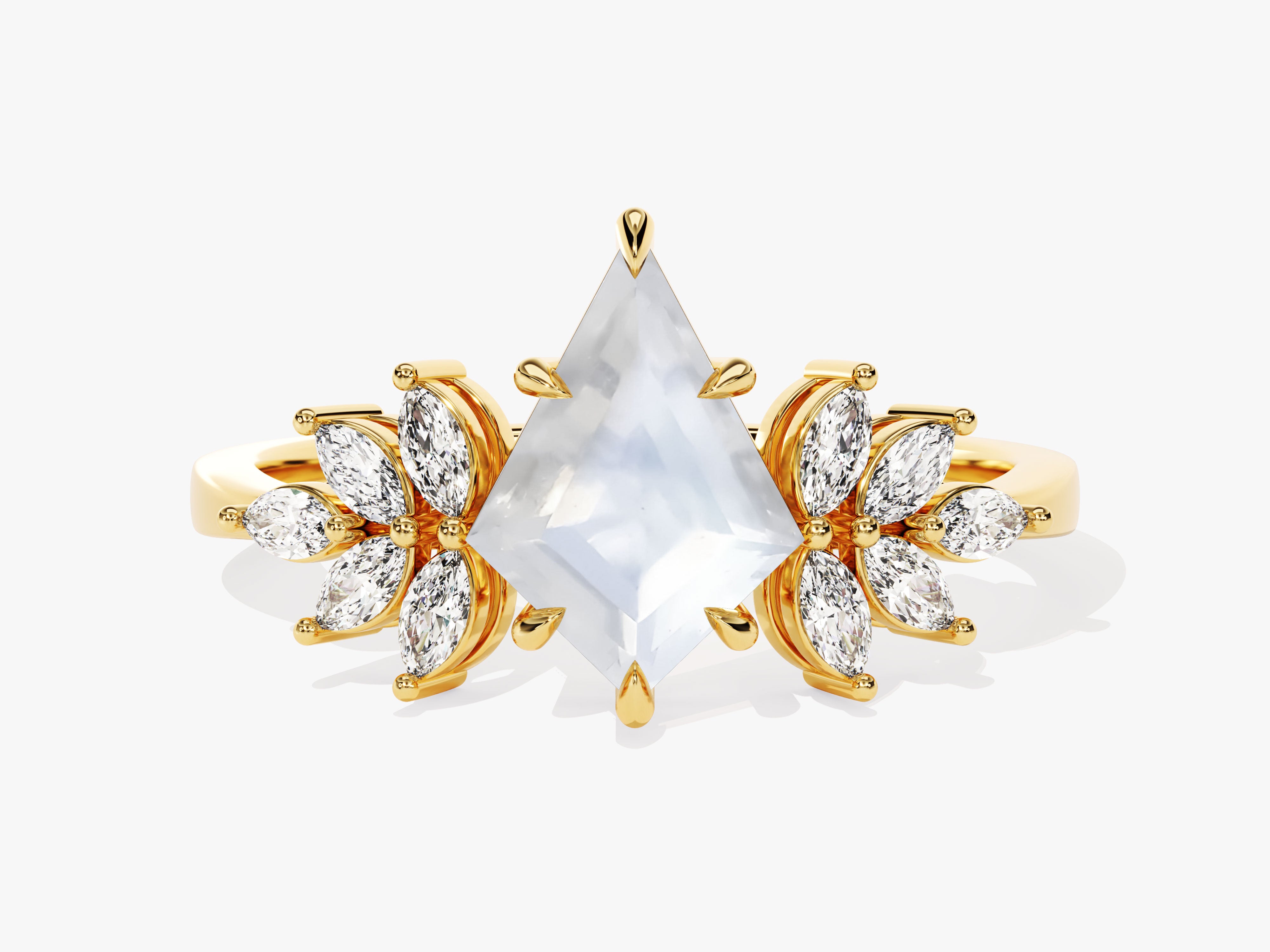 Gold ring with kite-cut gemstone and diamond accents