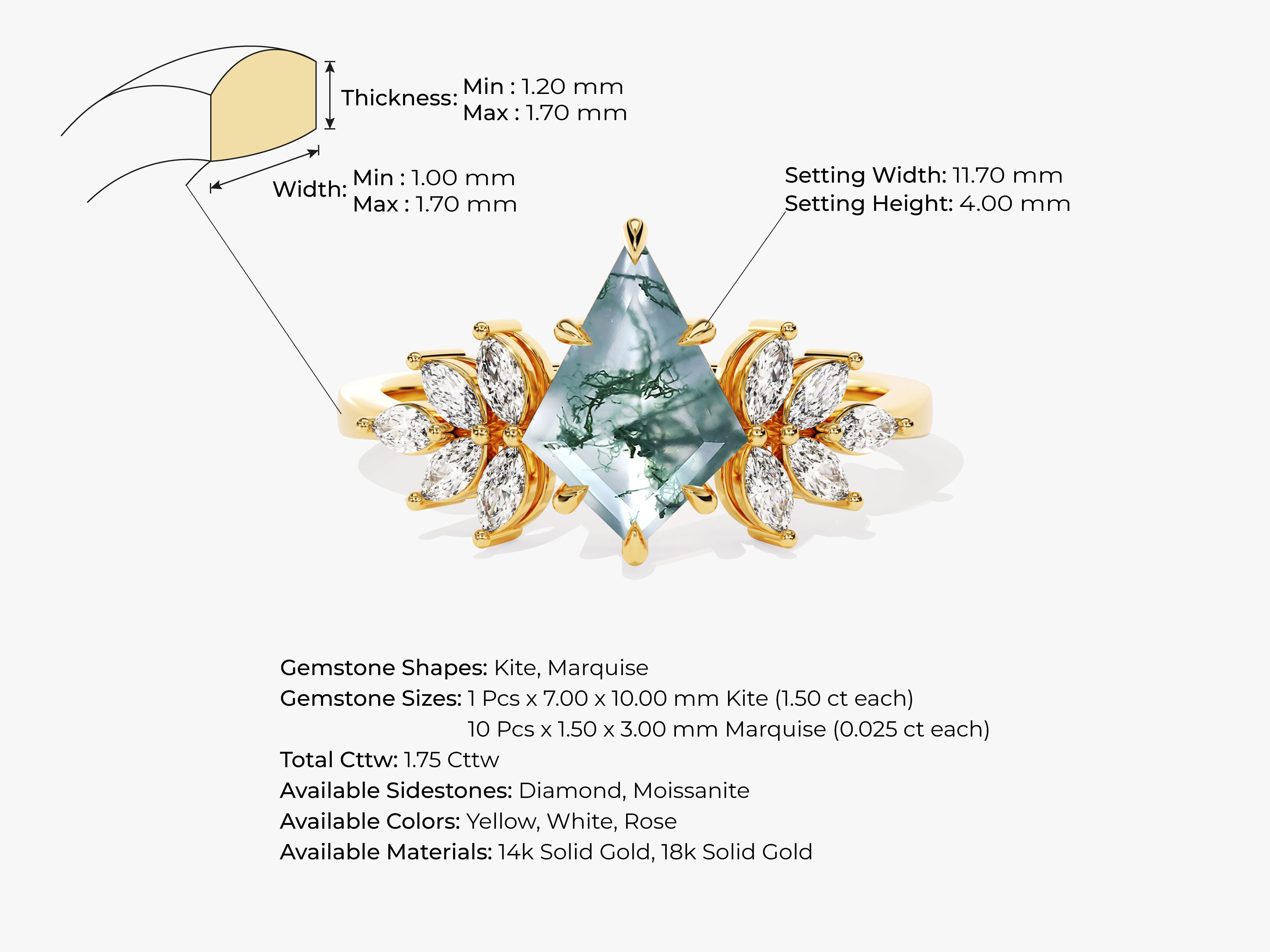 Gold ring with kite-shaped moss agate and marquise diamonds