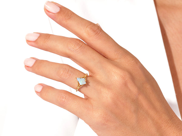 Kite Opal Split Shank Engagement Ring with Moissanite Sidestones