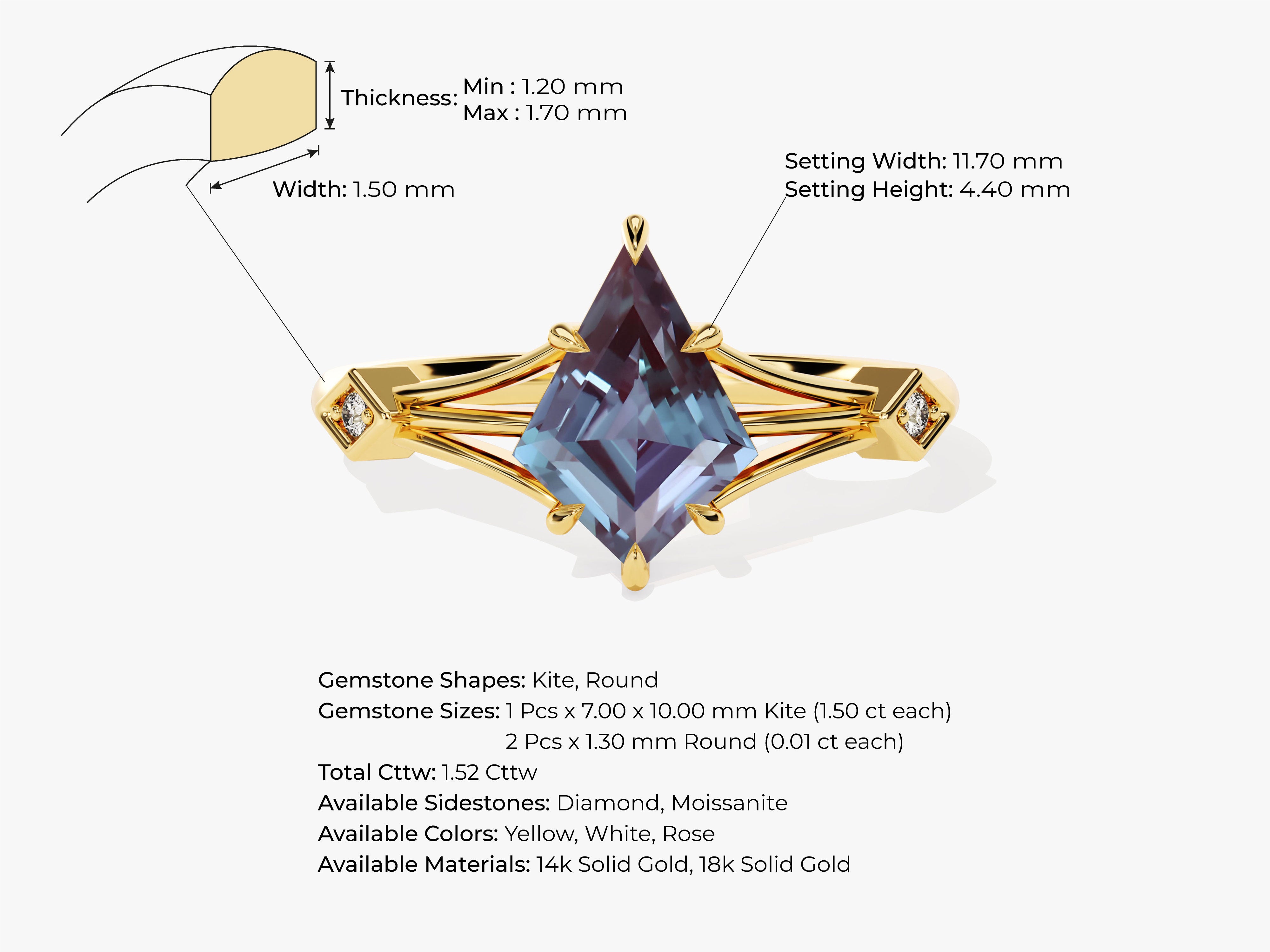 Gold ring with kite-cut alexandrite and diamond accents