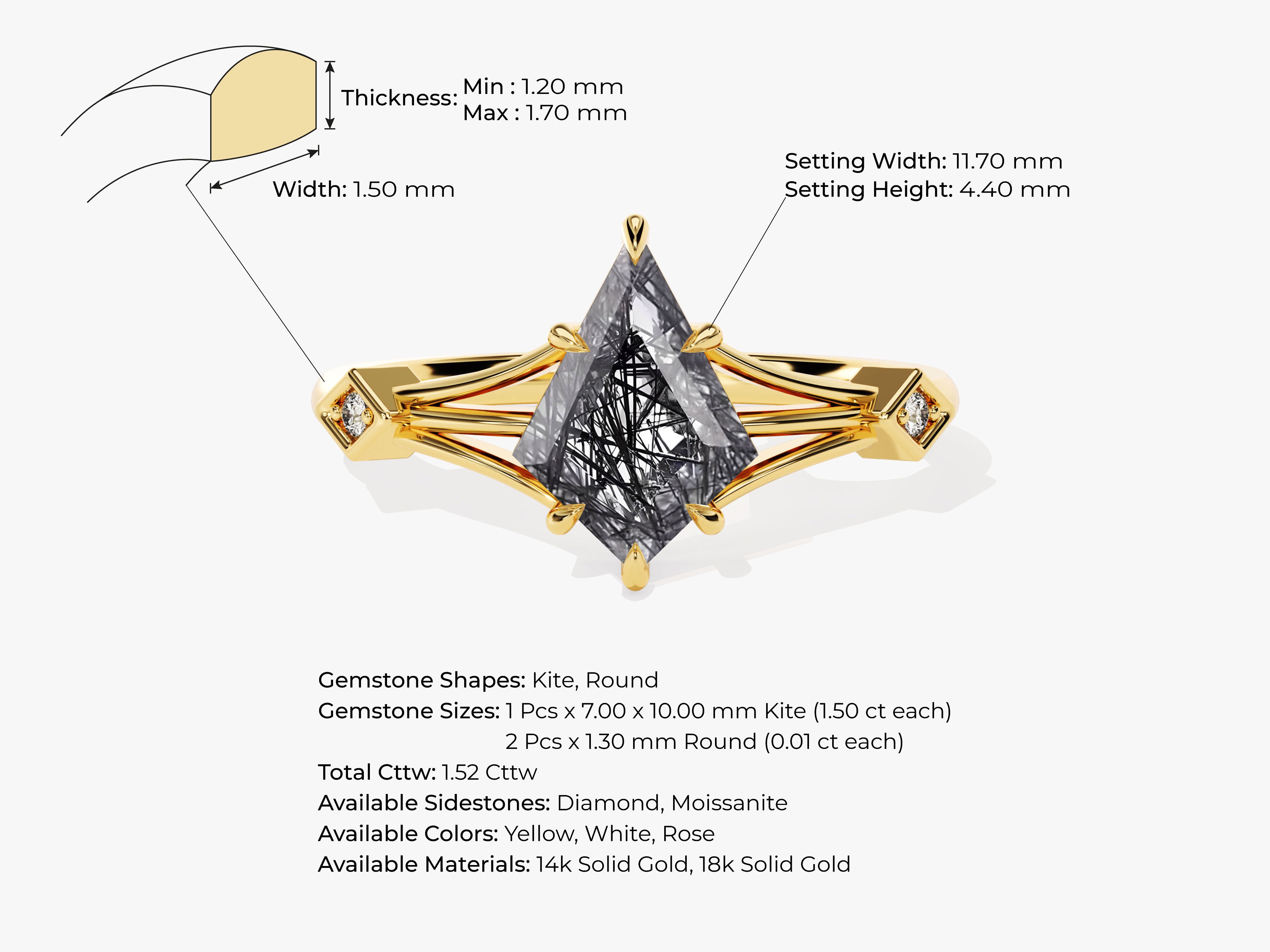 Gold ring with kite-cut black tourmaline and diamond accents