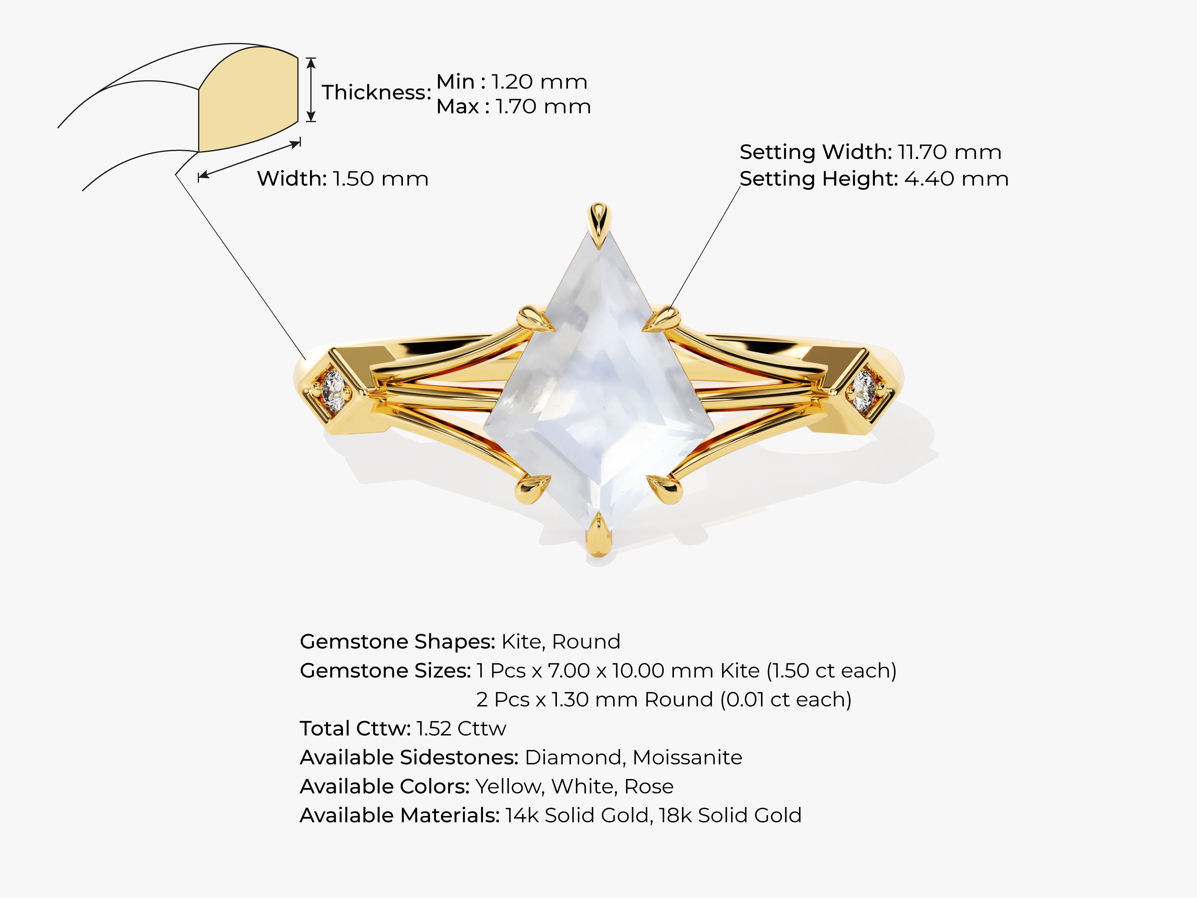 Gold ring with kite-shaped gemstone and diamond accents