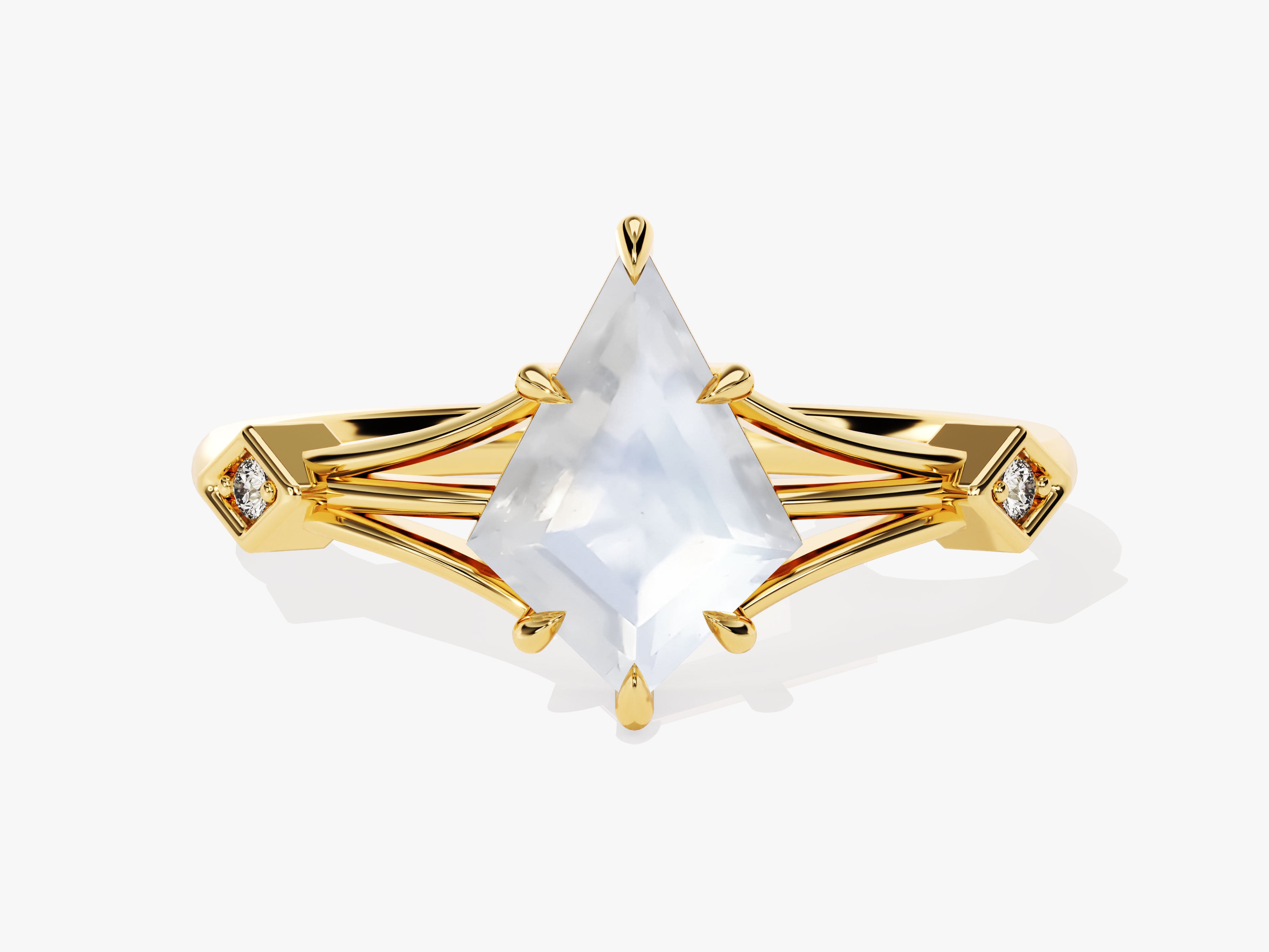 Gold ring with kite-cut moonstone and diamond accents