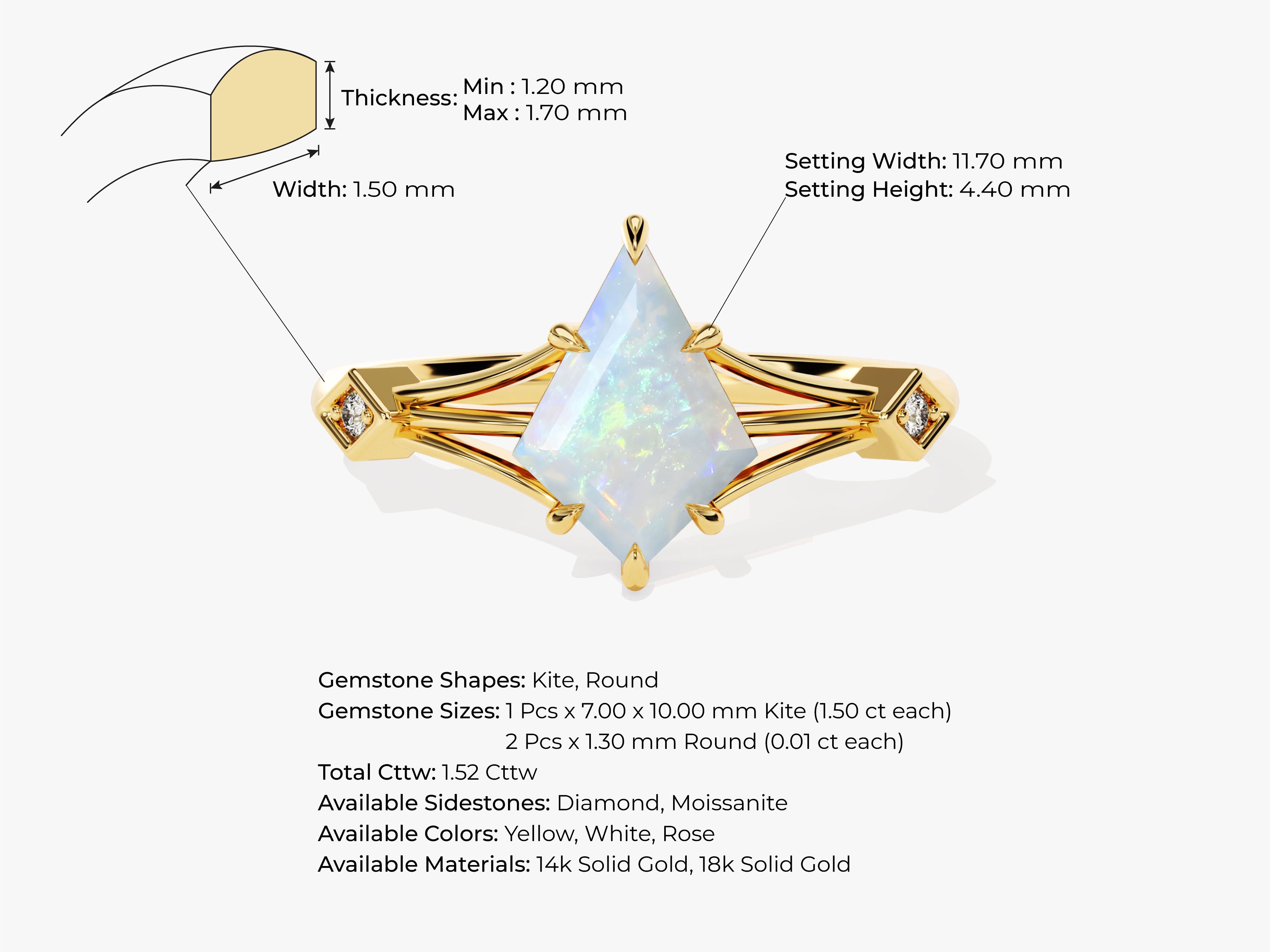 Gold kite opal ring with diamond accents, jewelry design