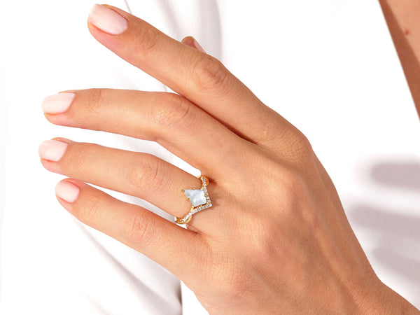 Kite Moonstone Curved Engagement Ring with Moissanite Sidestones
