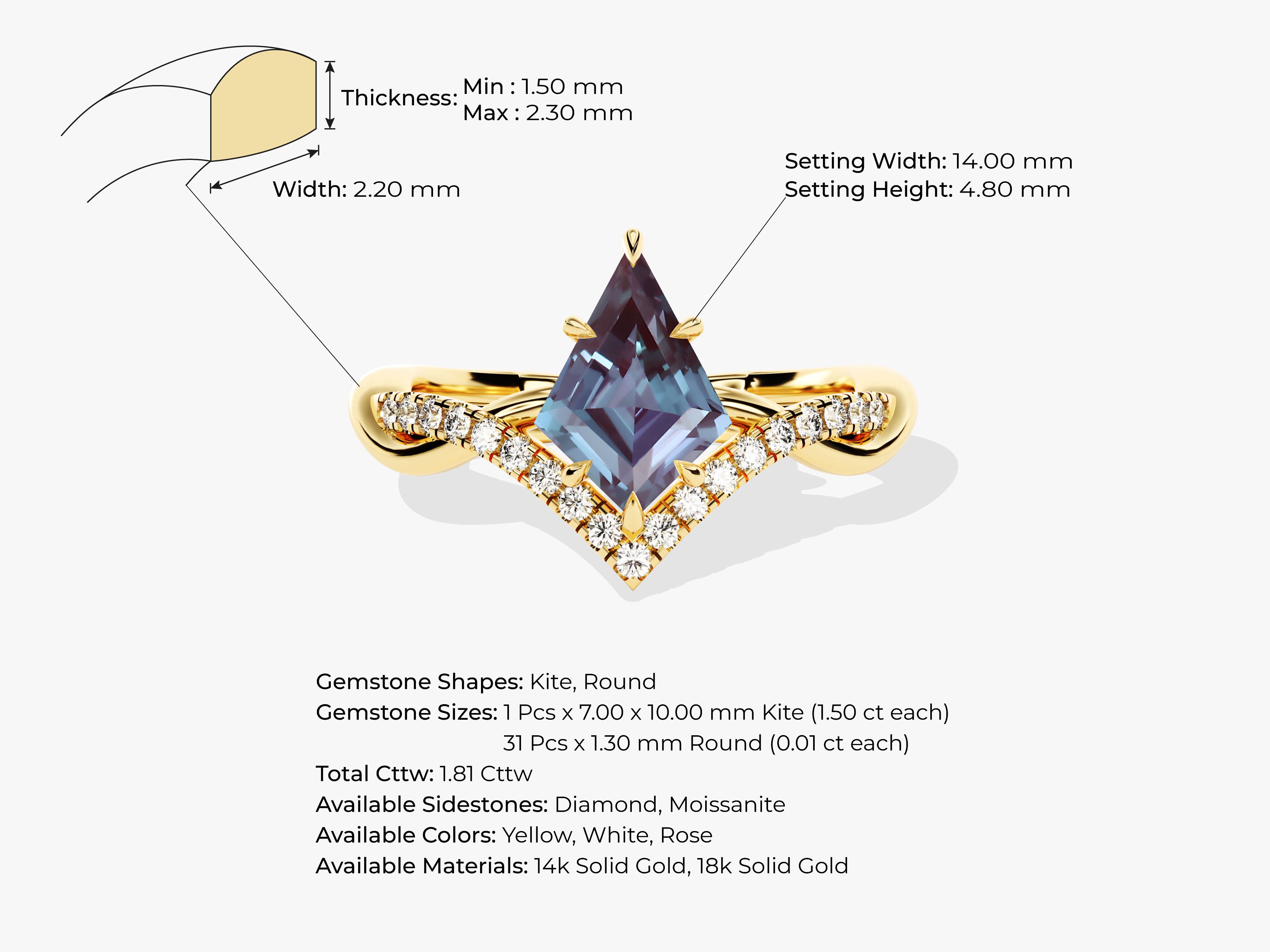Kite cut alexandrite ring with diamonds, 14k solid gold jewelry