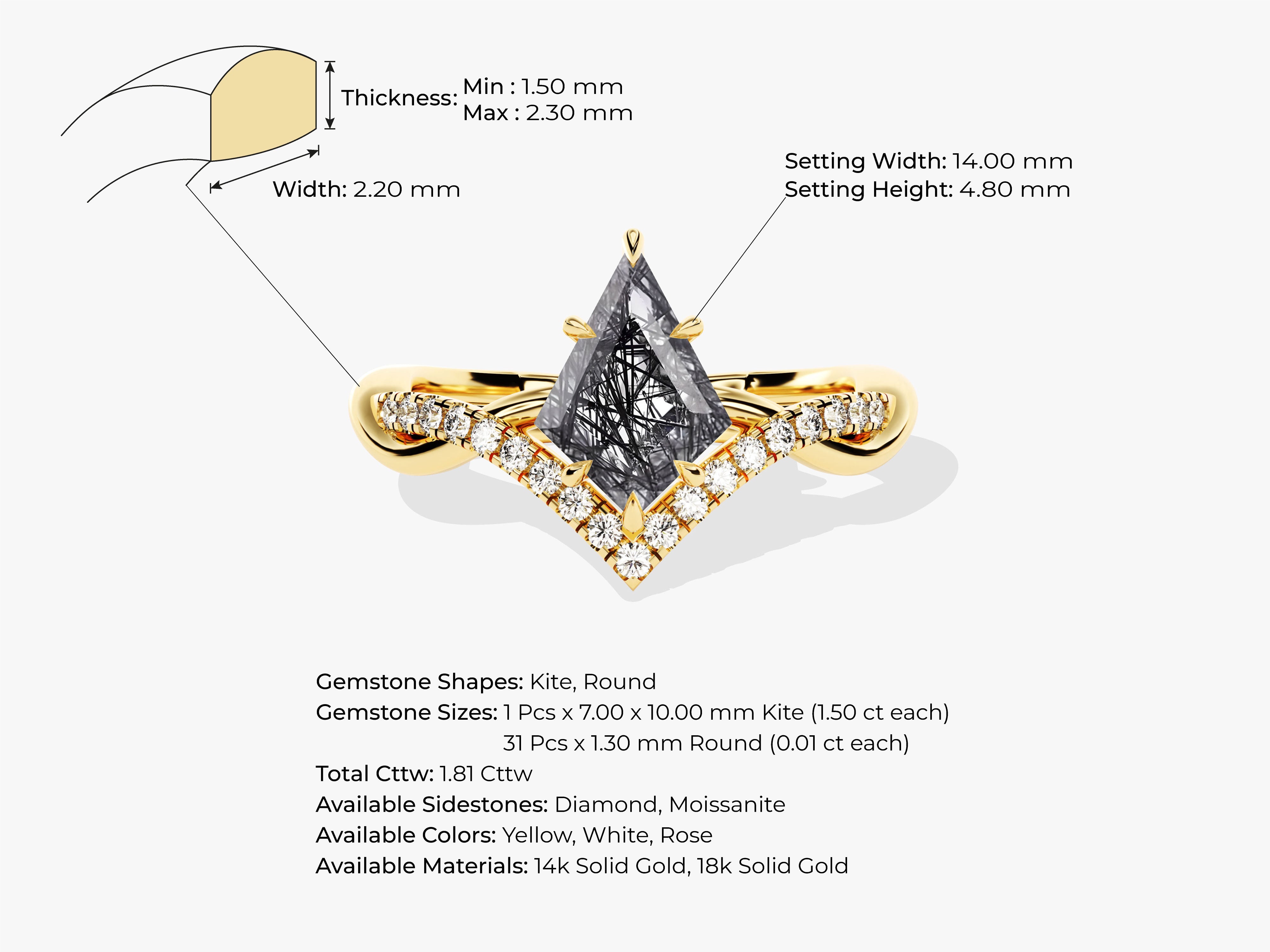 Gold ring with kite-cut gemstone and diamond accents