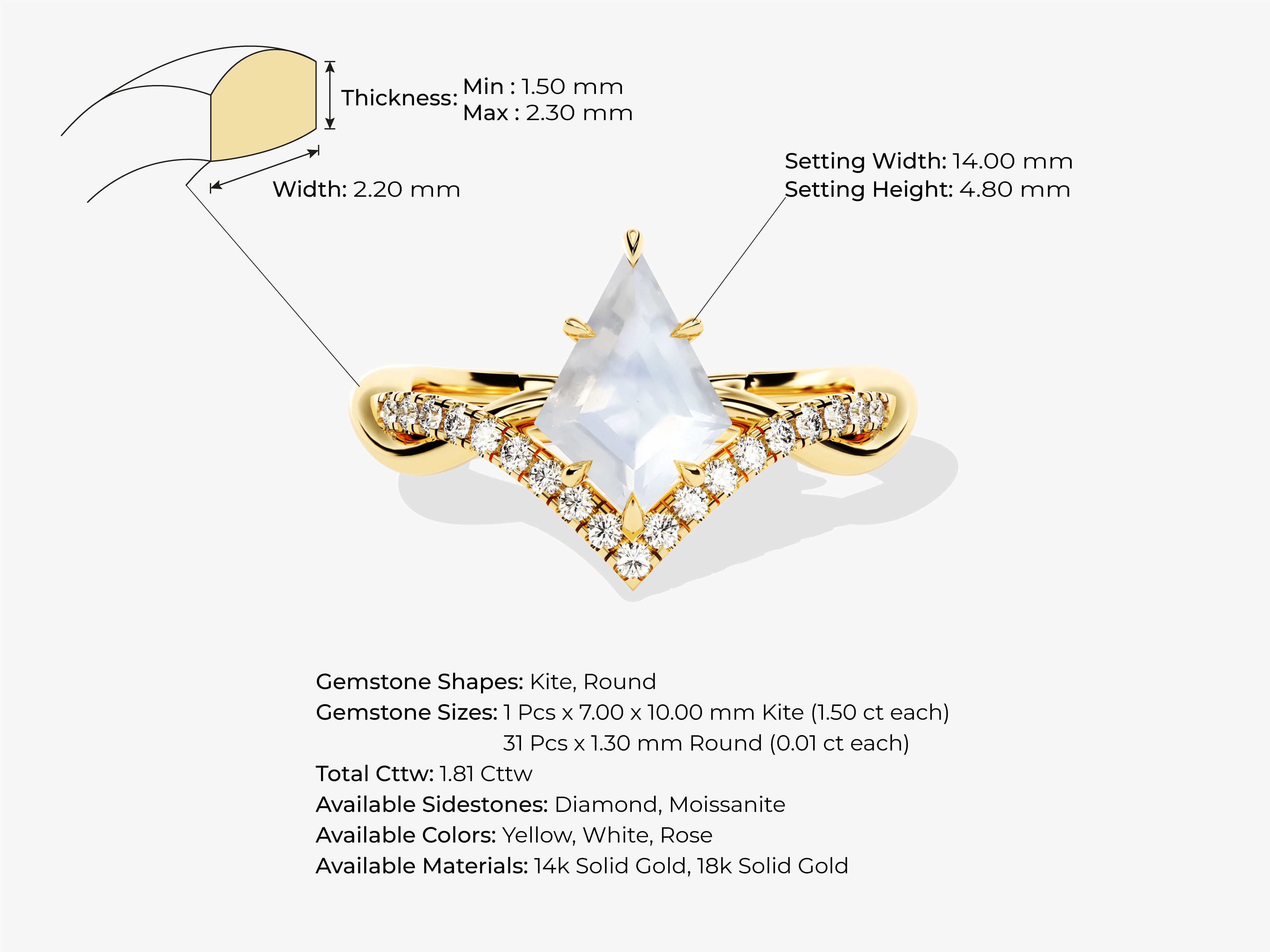 Kite-shaped gemstone ring with diamonds, jewelry details
