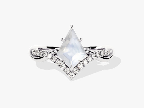 Diamond engagement ring with kite-cut moonstone and pave band