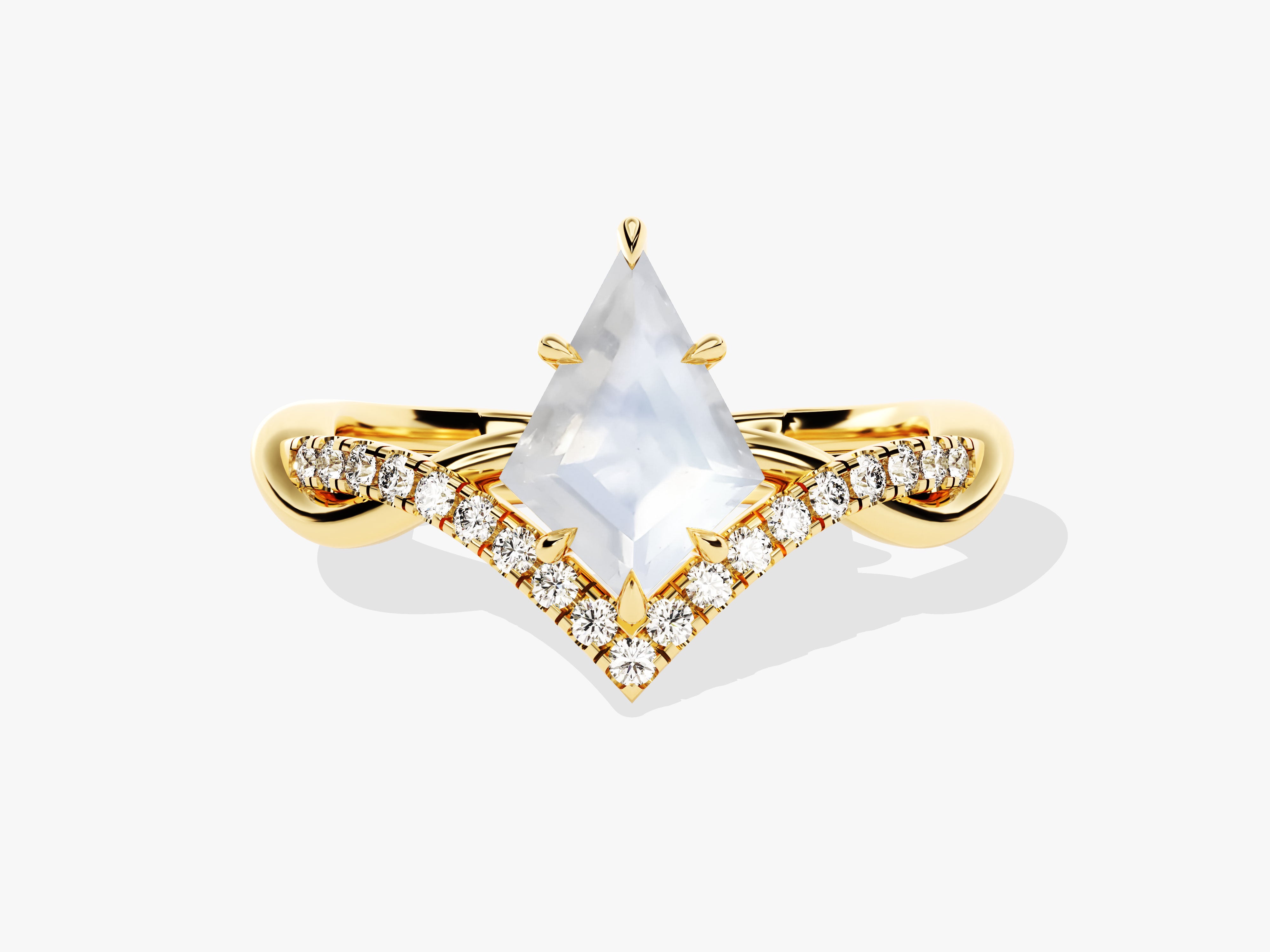 Gold ring with kite-cut moonstone and diamond accents