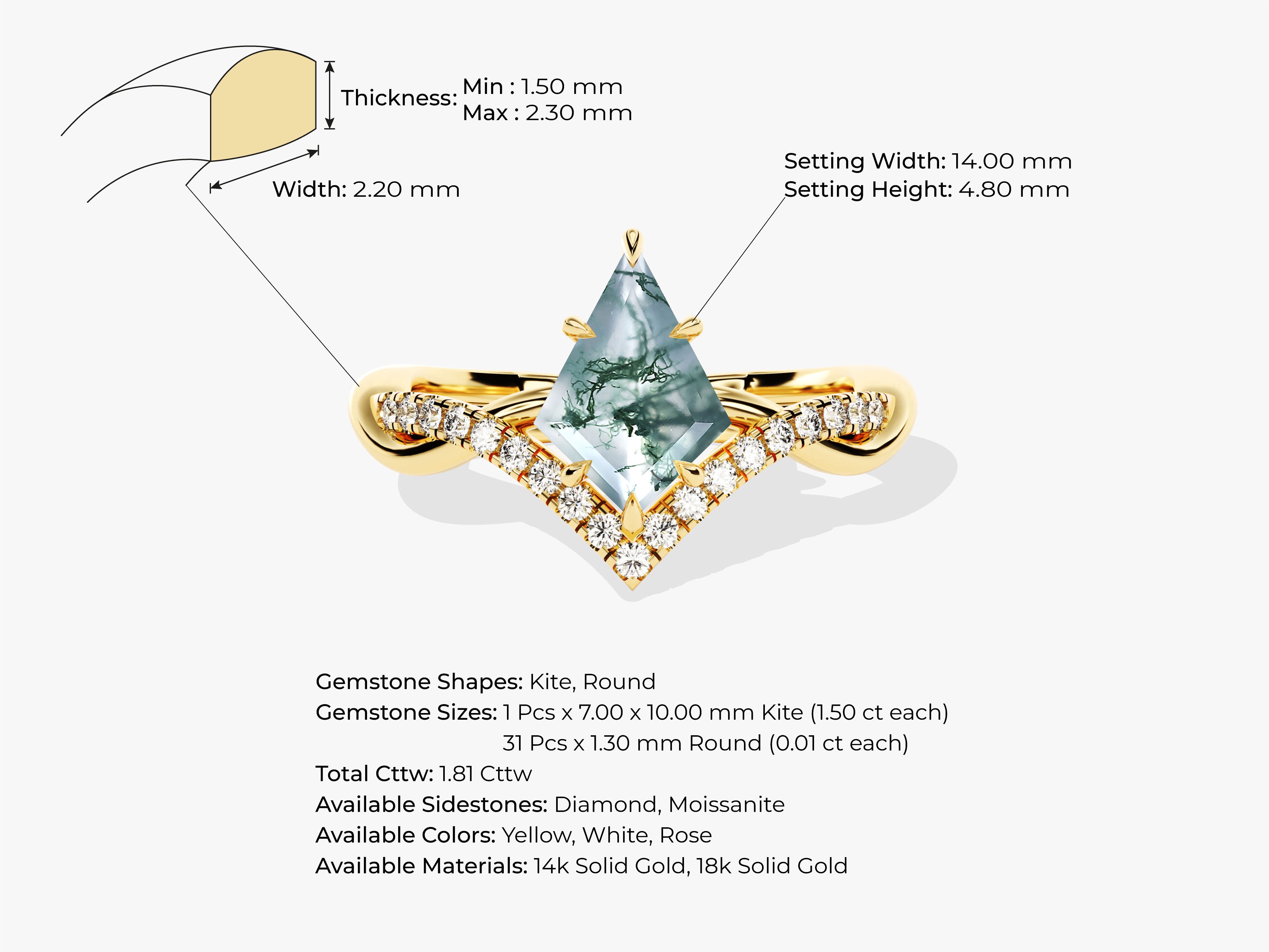 Diamond and moss agate kite ring in gold