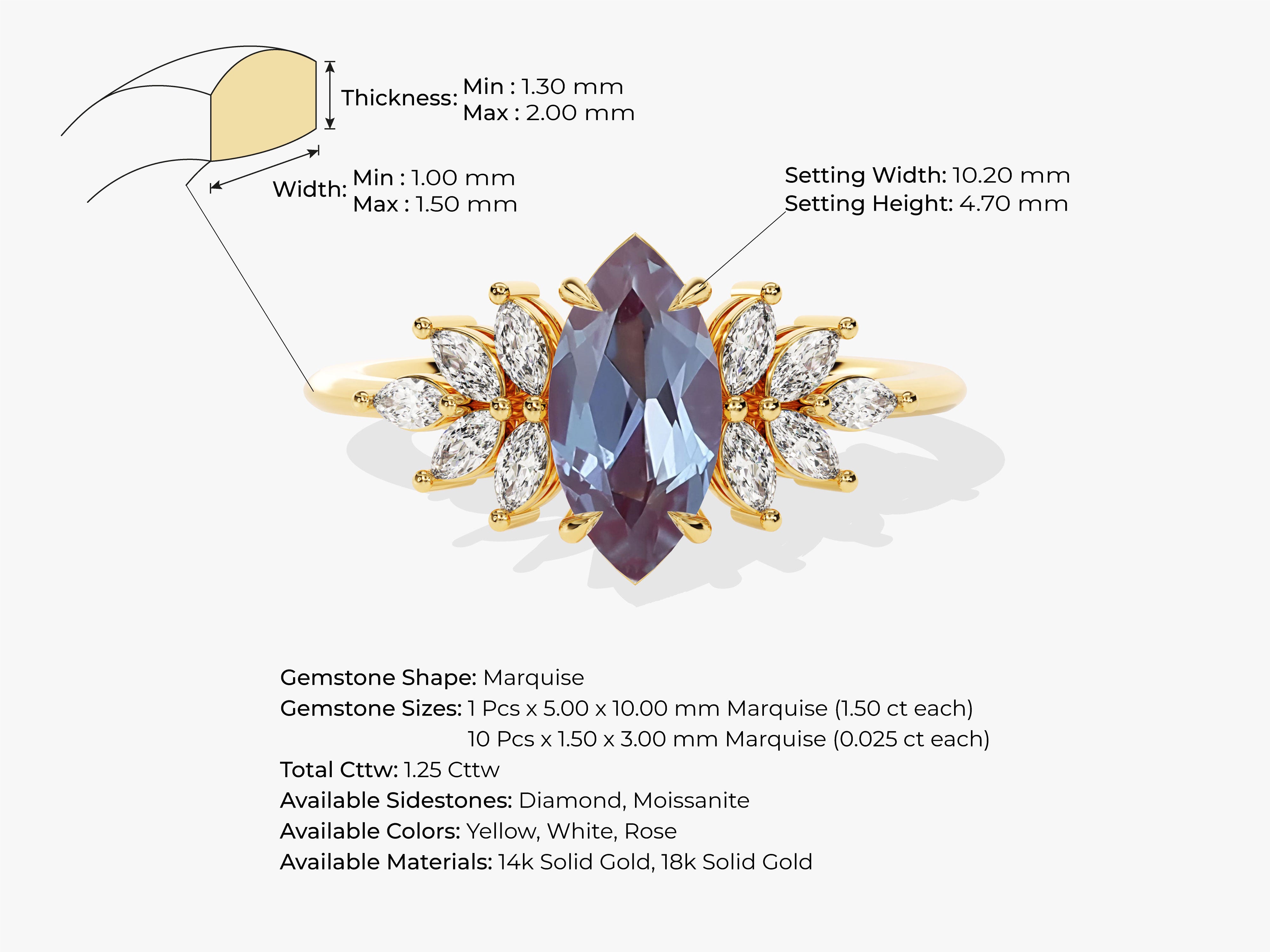 Marquise gemstone ring with diamond accents in gold