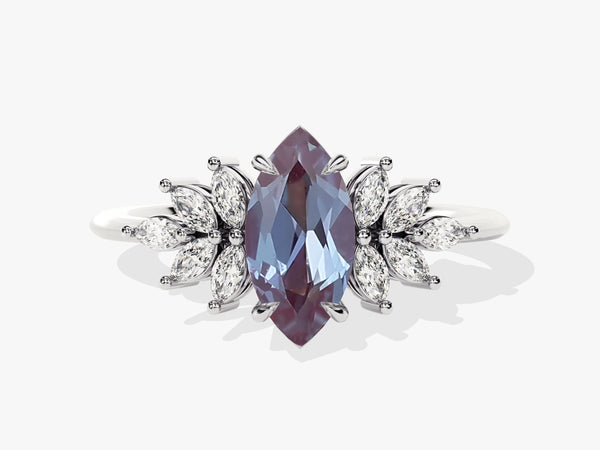 Marquise Lab Alexandrite Vintage Engagement Ring with Moissanite Sidestones