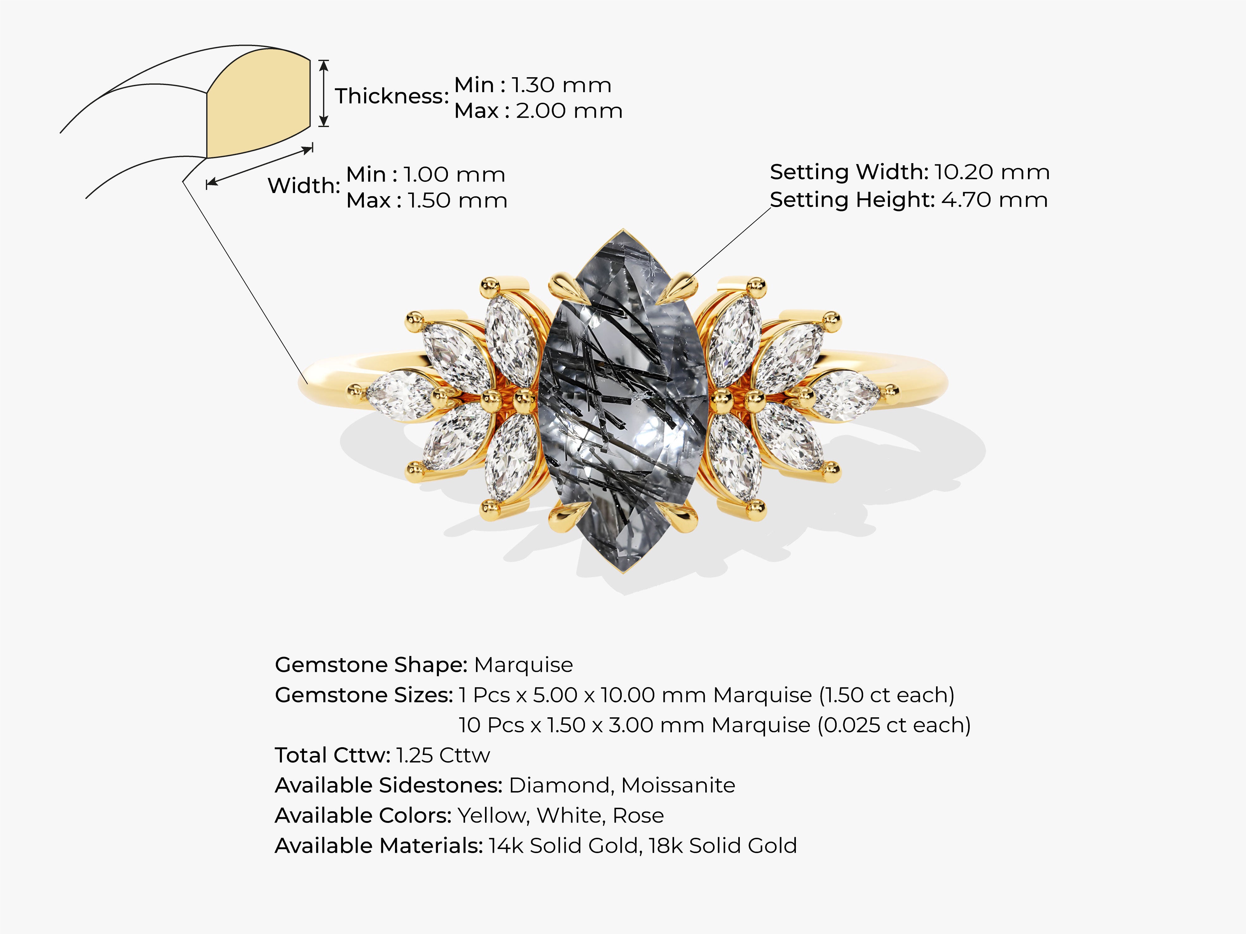 Marquise gemstone ring with diamonds in solid gold