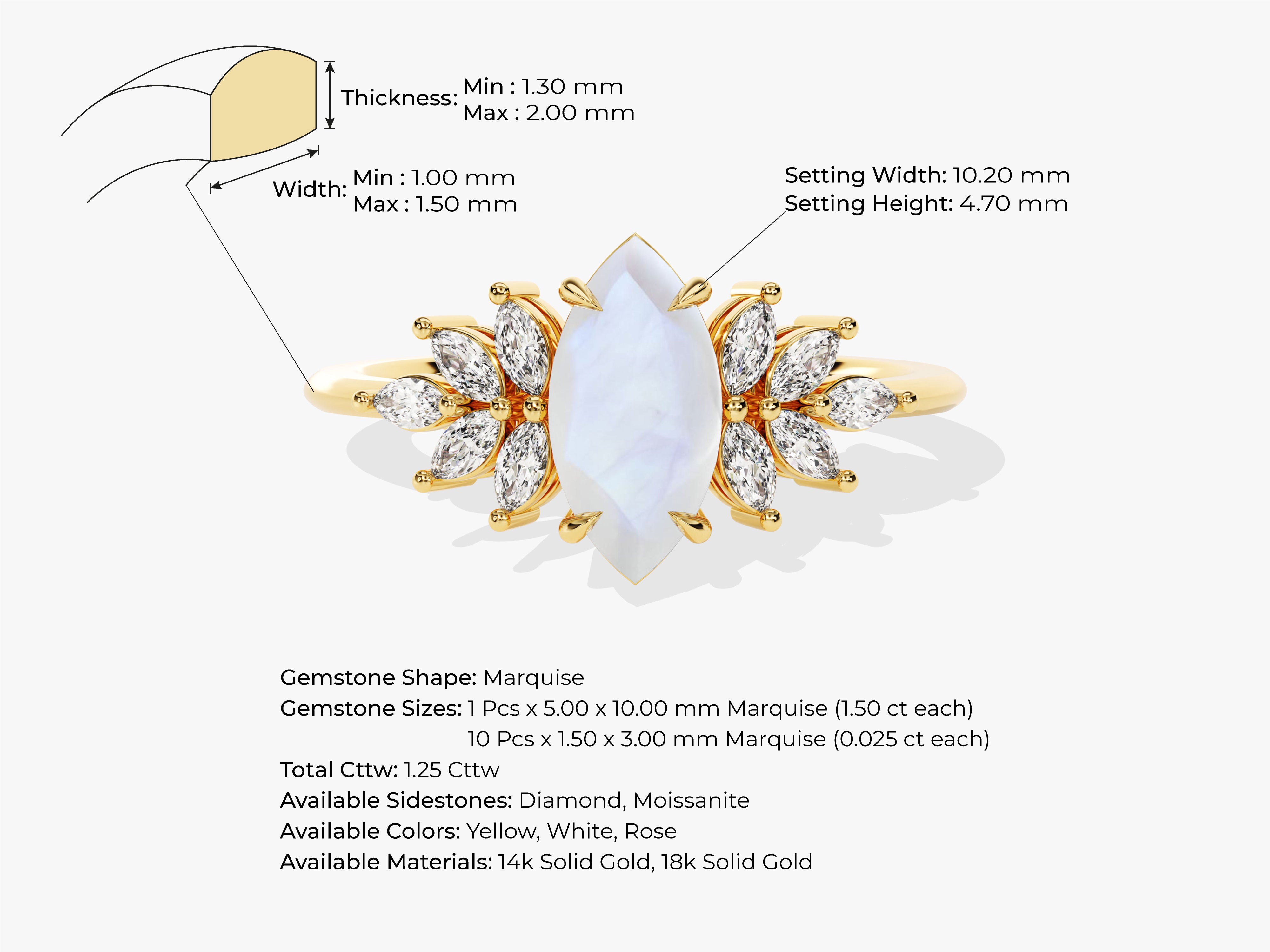 Marquise moonstone ring with diamond accents in gold