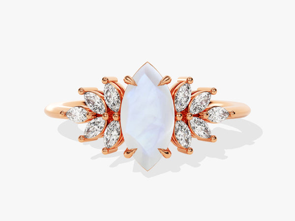 Rose gold ring with marquise diamonds and moonstone center