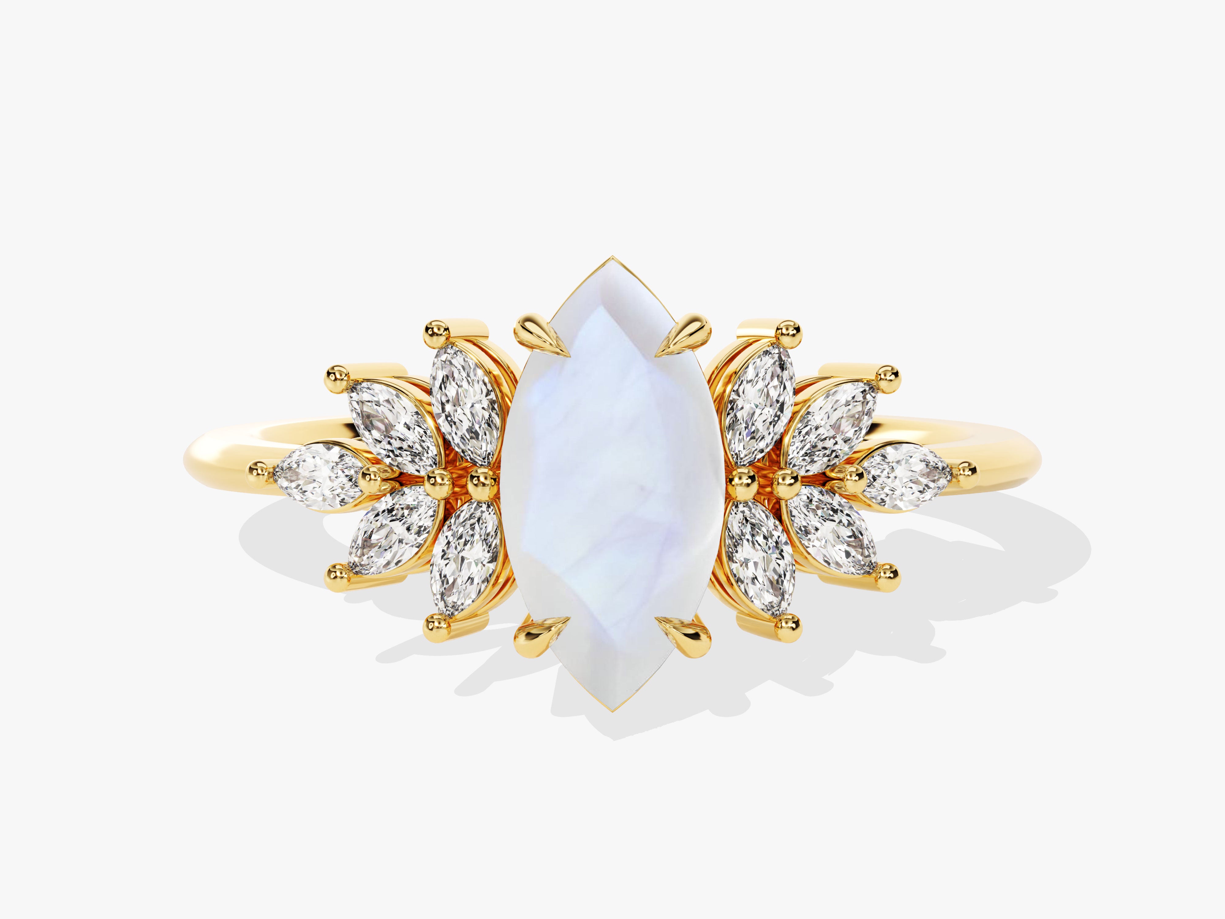 Gold ring with marquise diamonds and moonstone center
