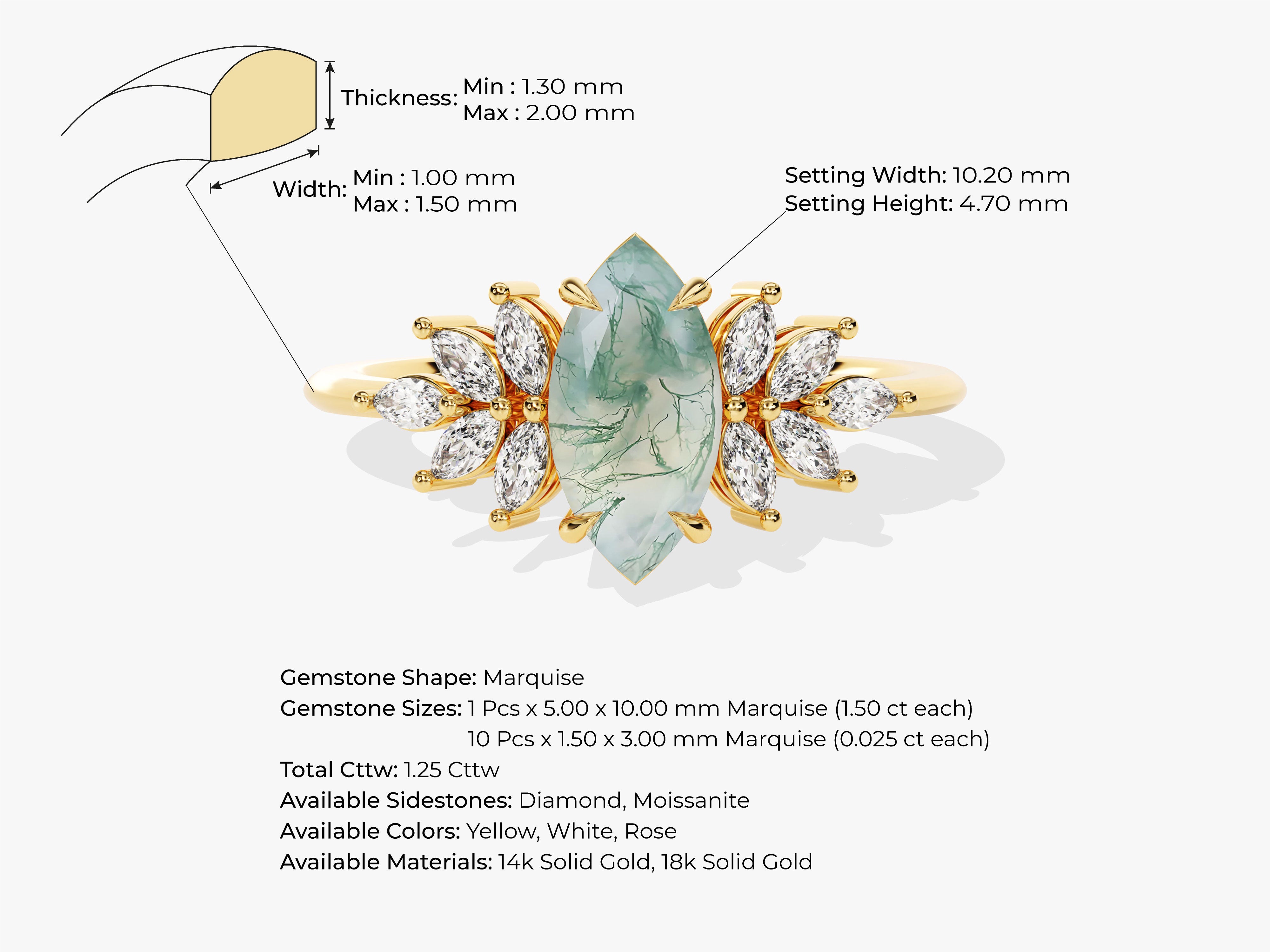 Marquise moss agate ring with diamond accents in gold