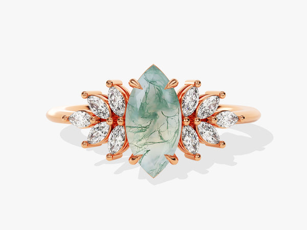 Rose gold ring with marquise moss agate and diamond accents