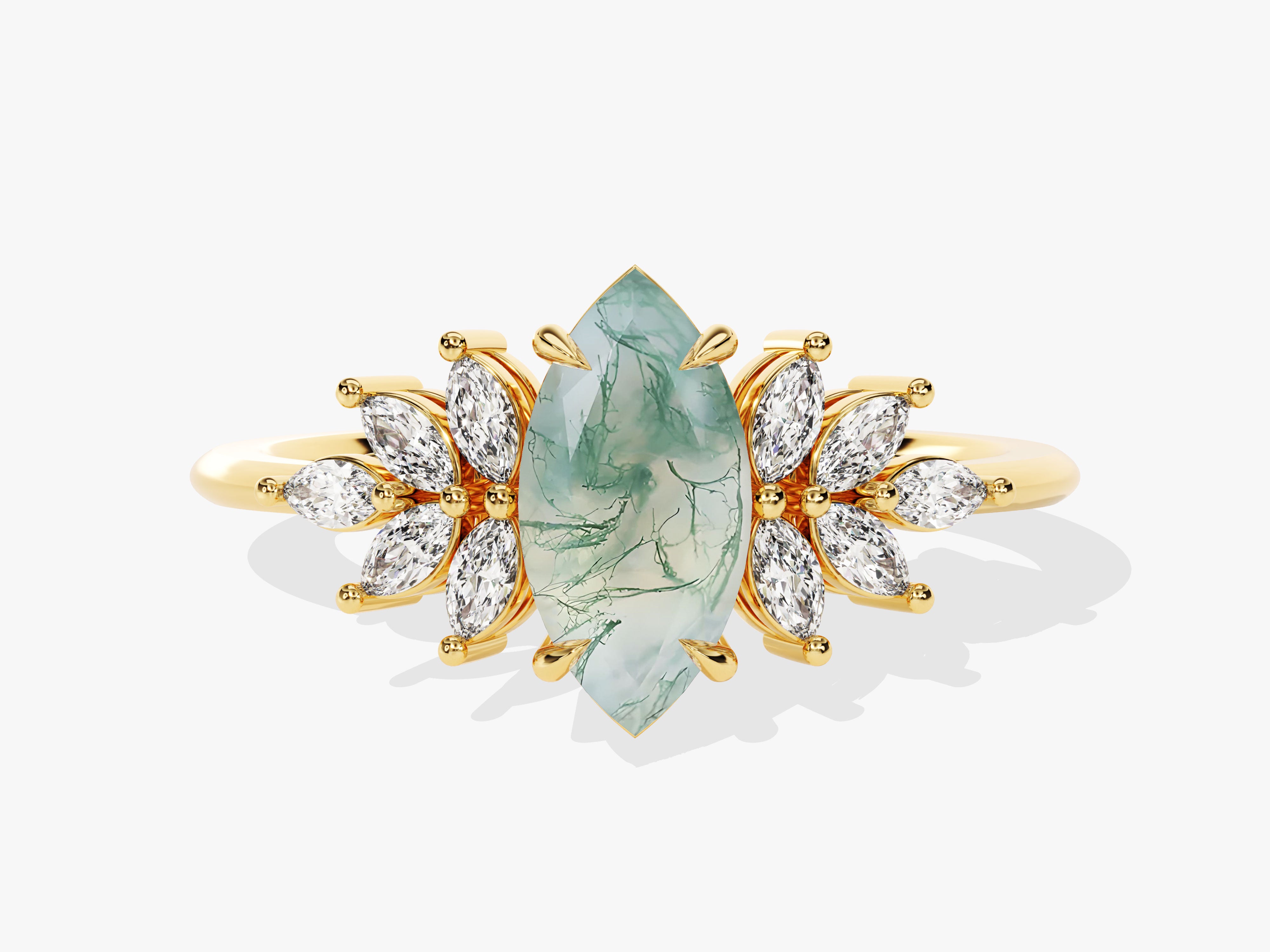 Gold ring with marquise cut moss agate and diamond accents
