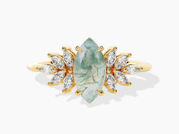 Marquise Moss Agate Vintage Engagement Ring with Moissanite Sidestones