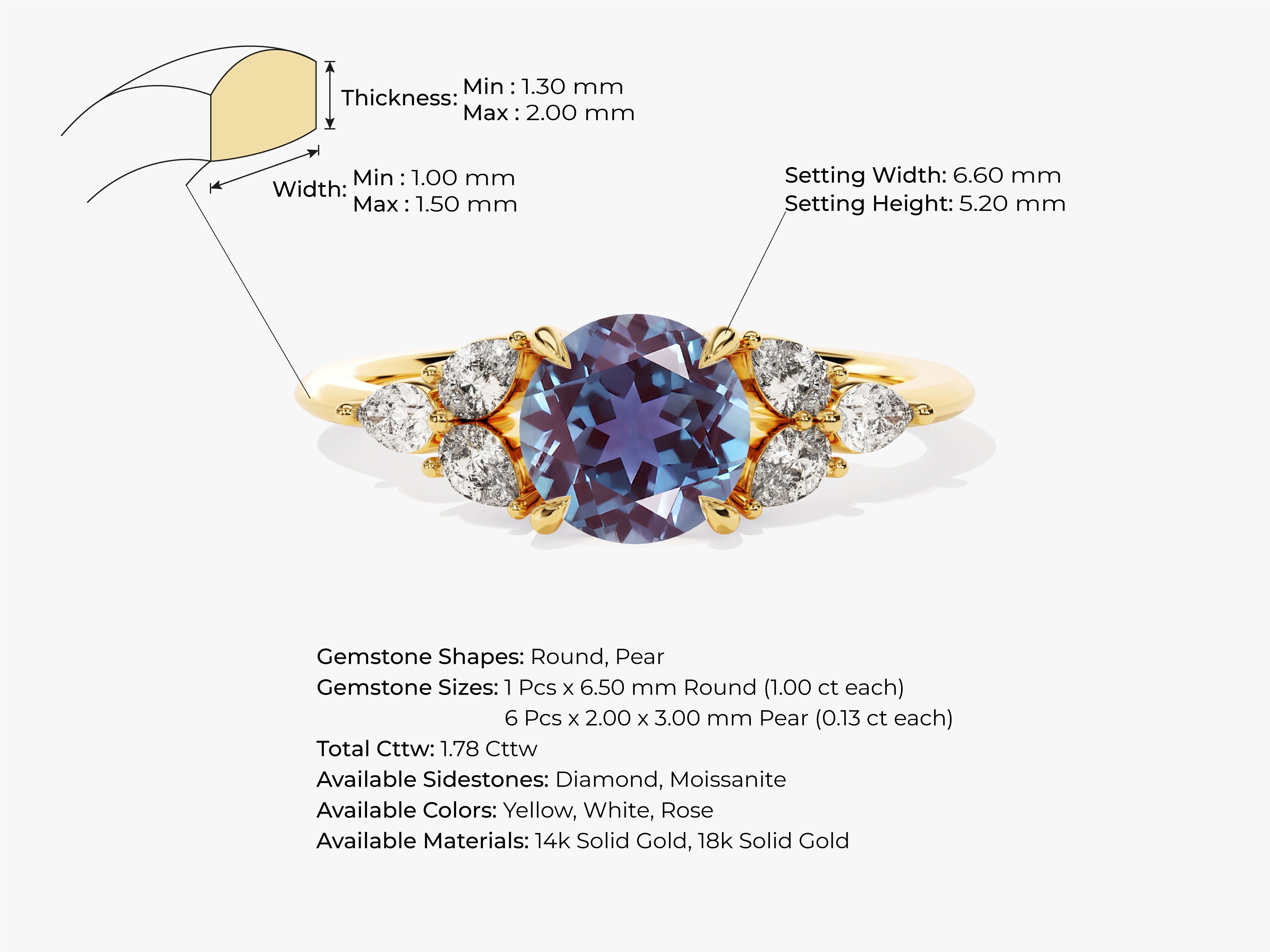 Round Lab Alexandrite Engagement Ring with Pear Moissanite Sidestones