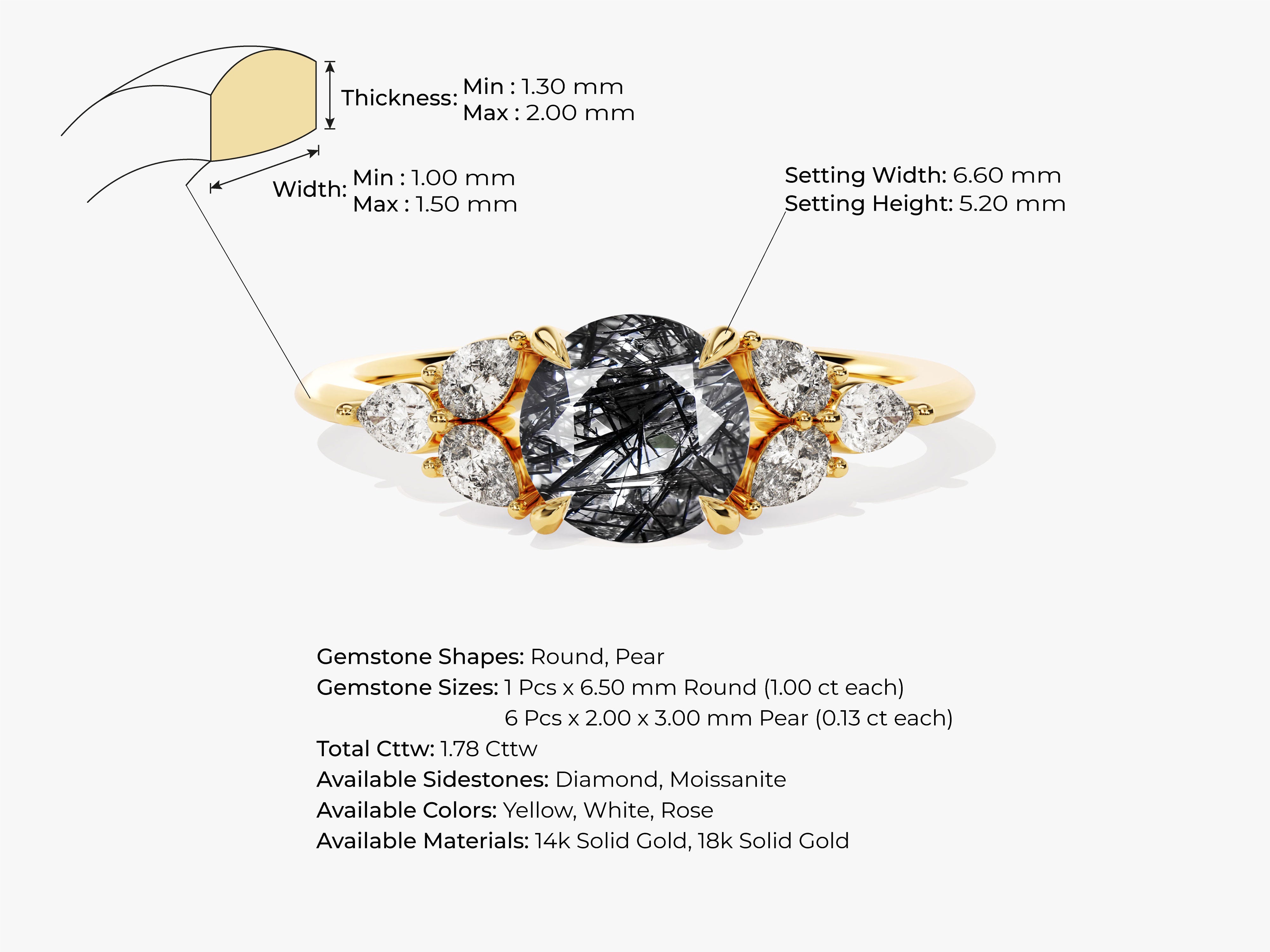 Gold ring with black rutile quartz and diamond pear side stones