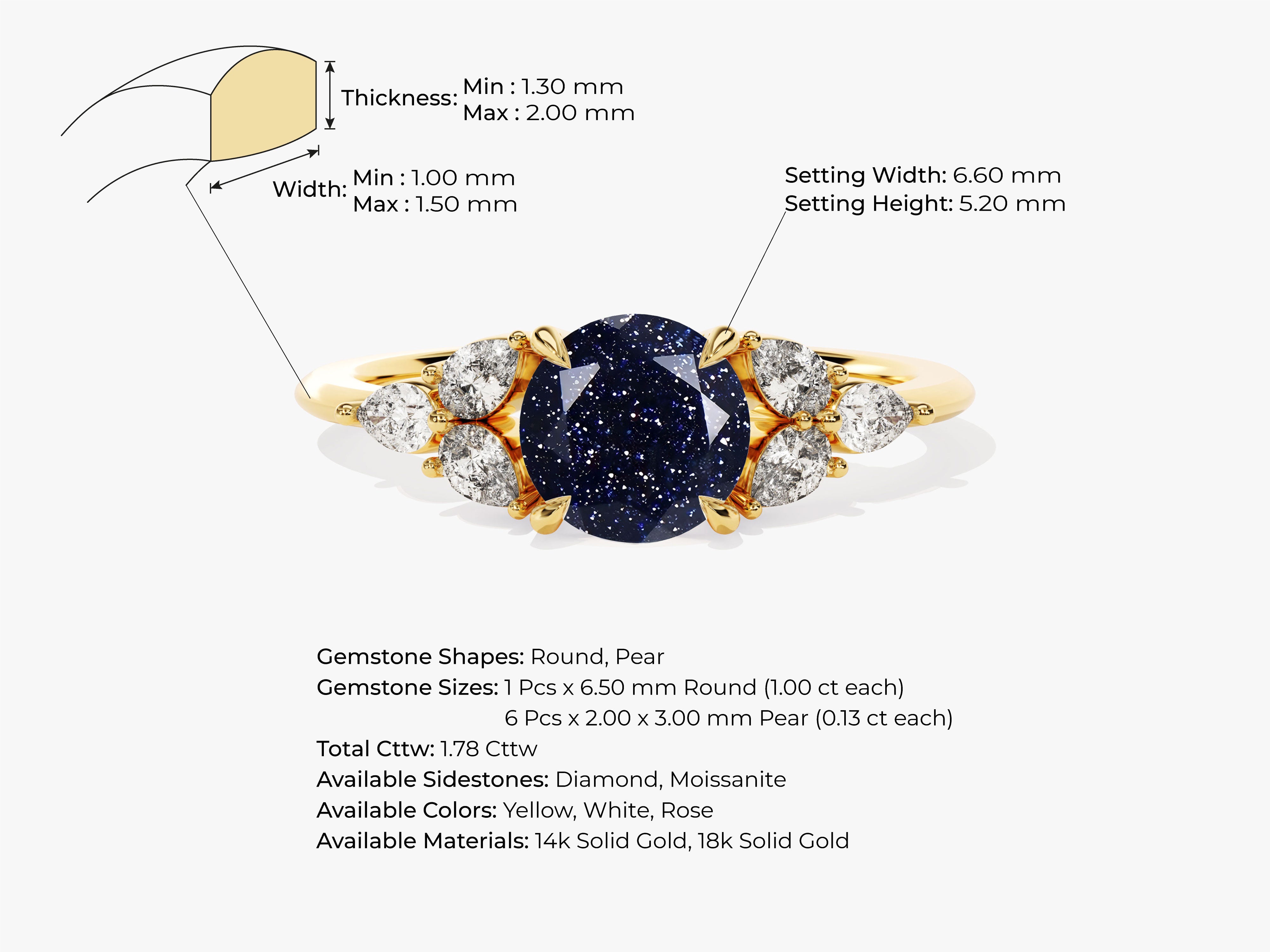 Round Blue Sandstone Engagement Ring with Pear Moissanite Sidestones