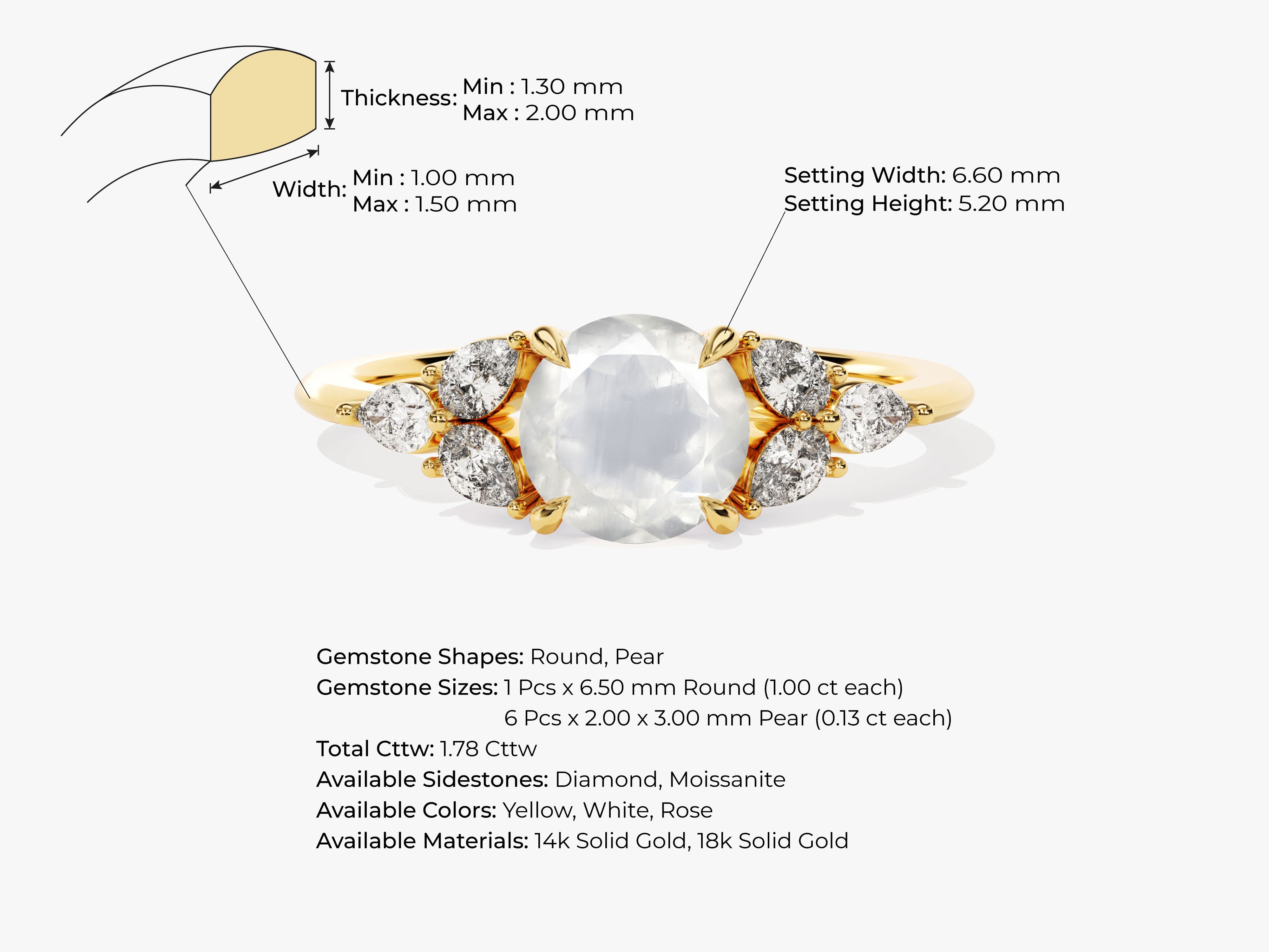 Gold ring with round and pear-shaped gemstones, diamond sidestones