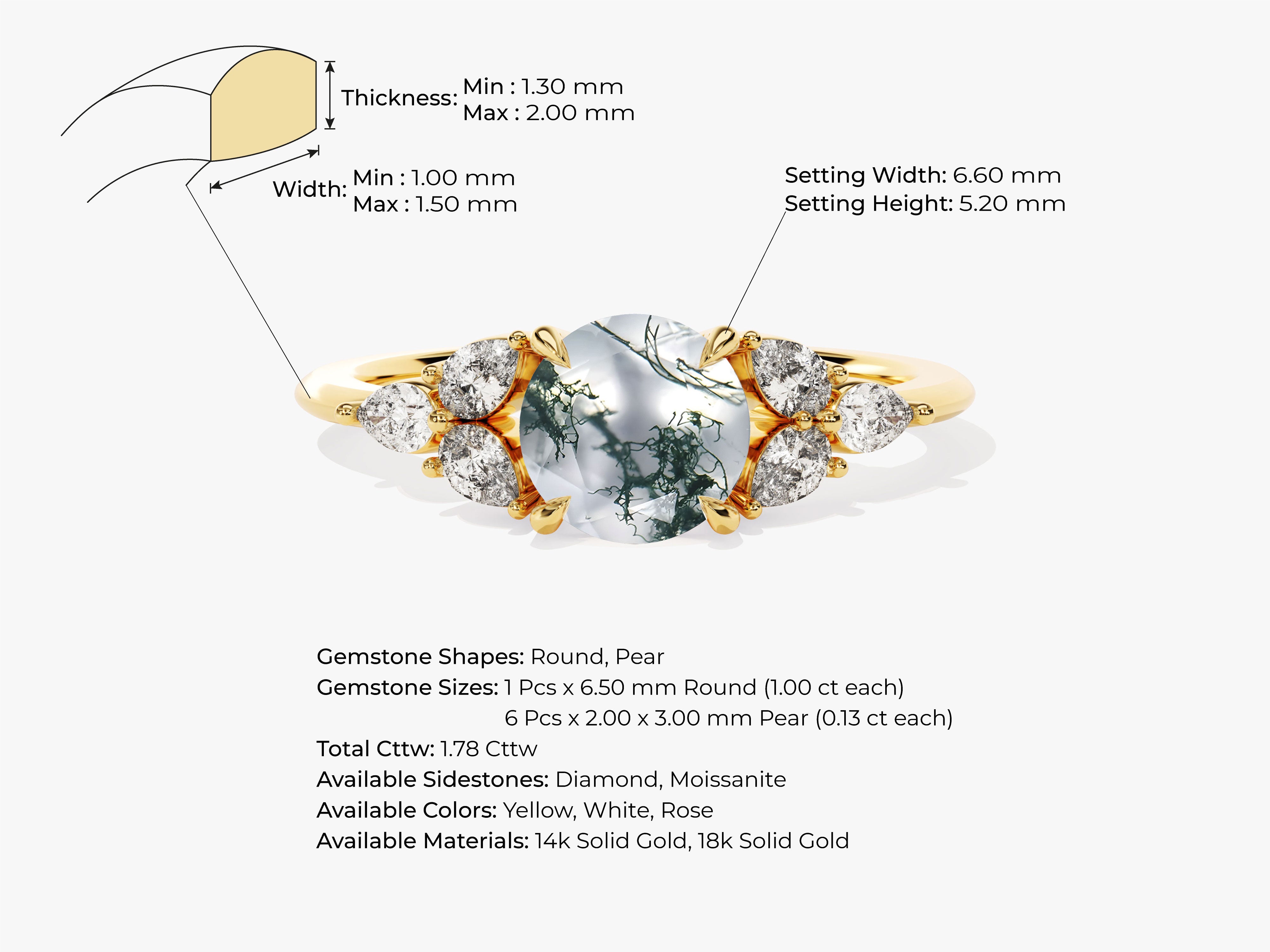 Gold ring with moss agate and diamond side stones