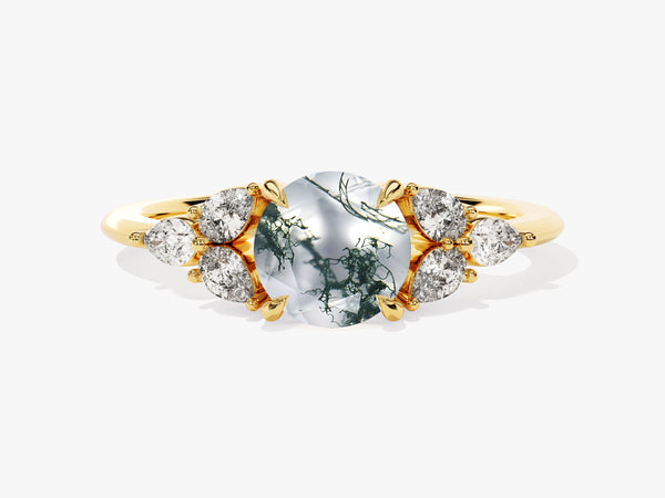 Round Moss Agate Engagement Ring with Pear Moissanite Sidestones