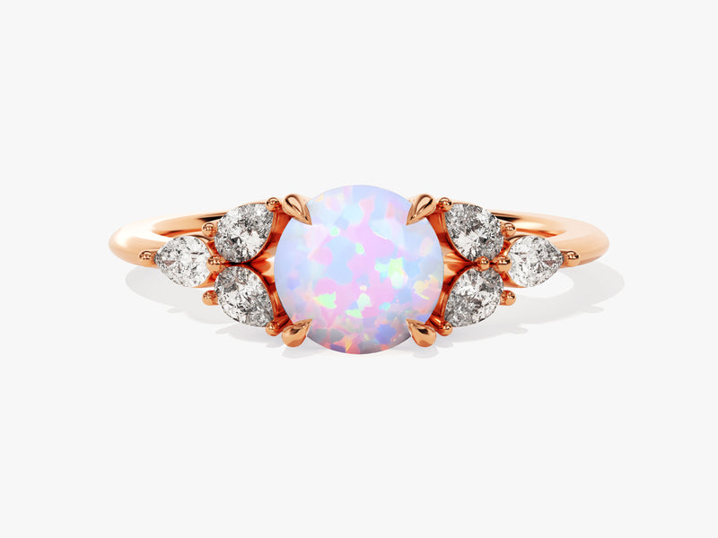 Round Opal Engagement Ring with Pear Moissanite Sidestones