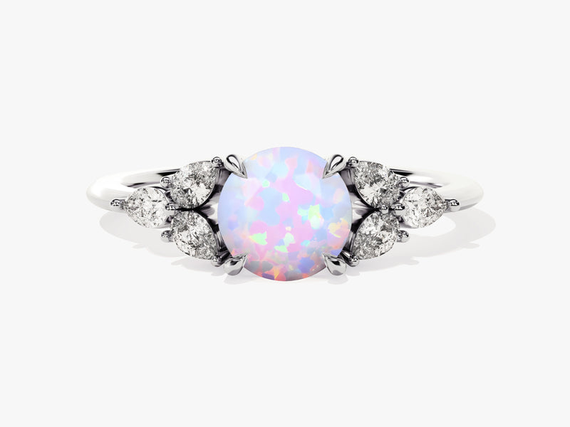 Round Opal Engagement Ring with Pear Moissanite Sidestones