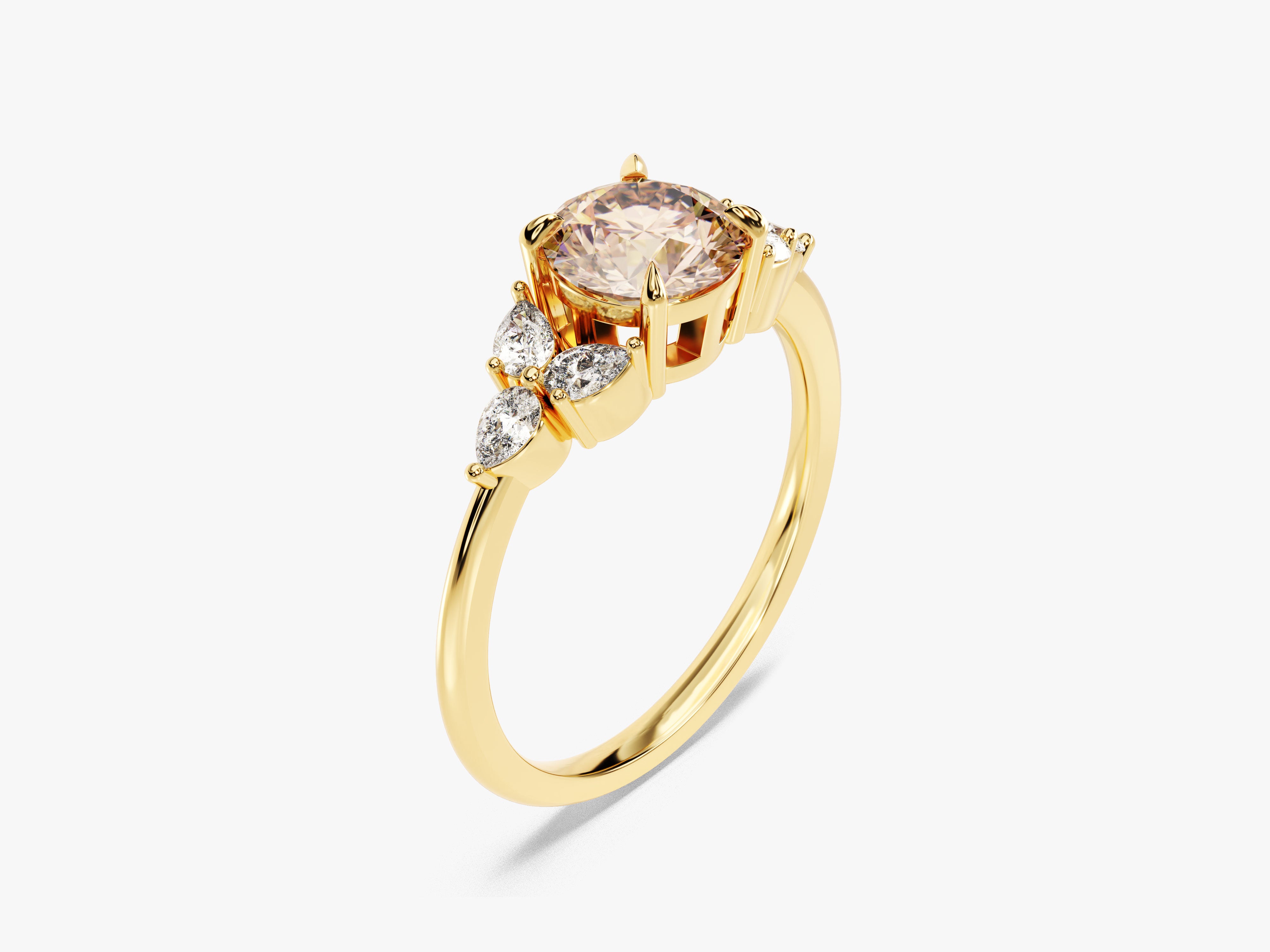 Round Cut Peach Morganite Engagement Ring with Pear Moissanites