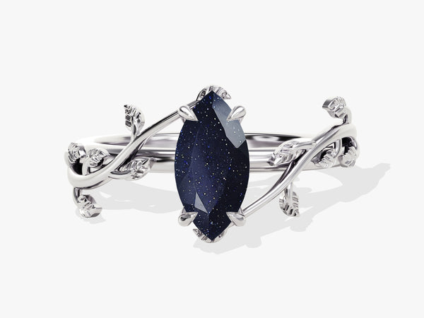 Marquise blue sandstone ring with silver leaf design