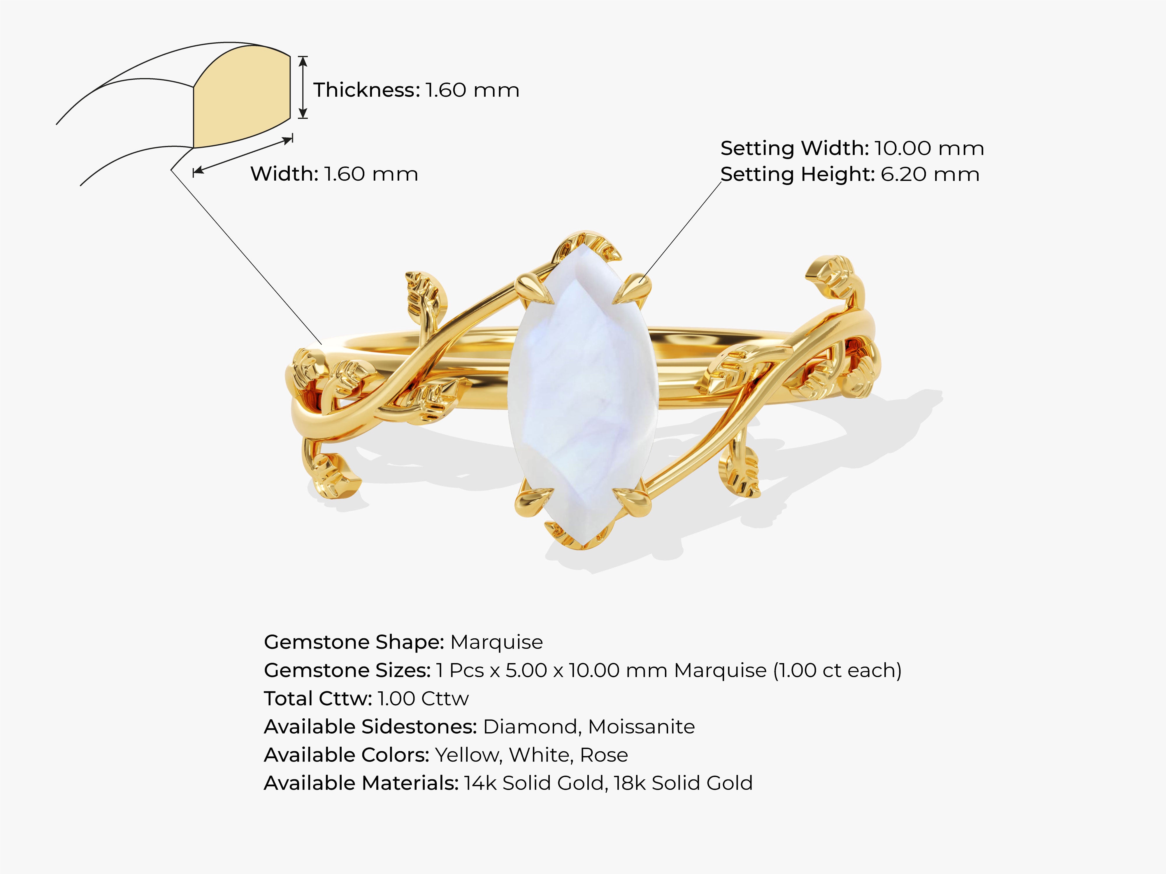 Marquise gemstone ring, 14k solid gold, nature-inspired design