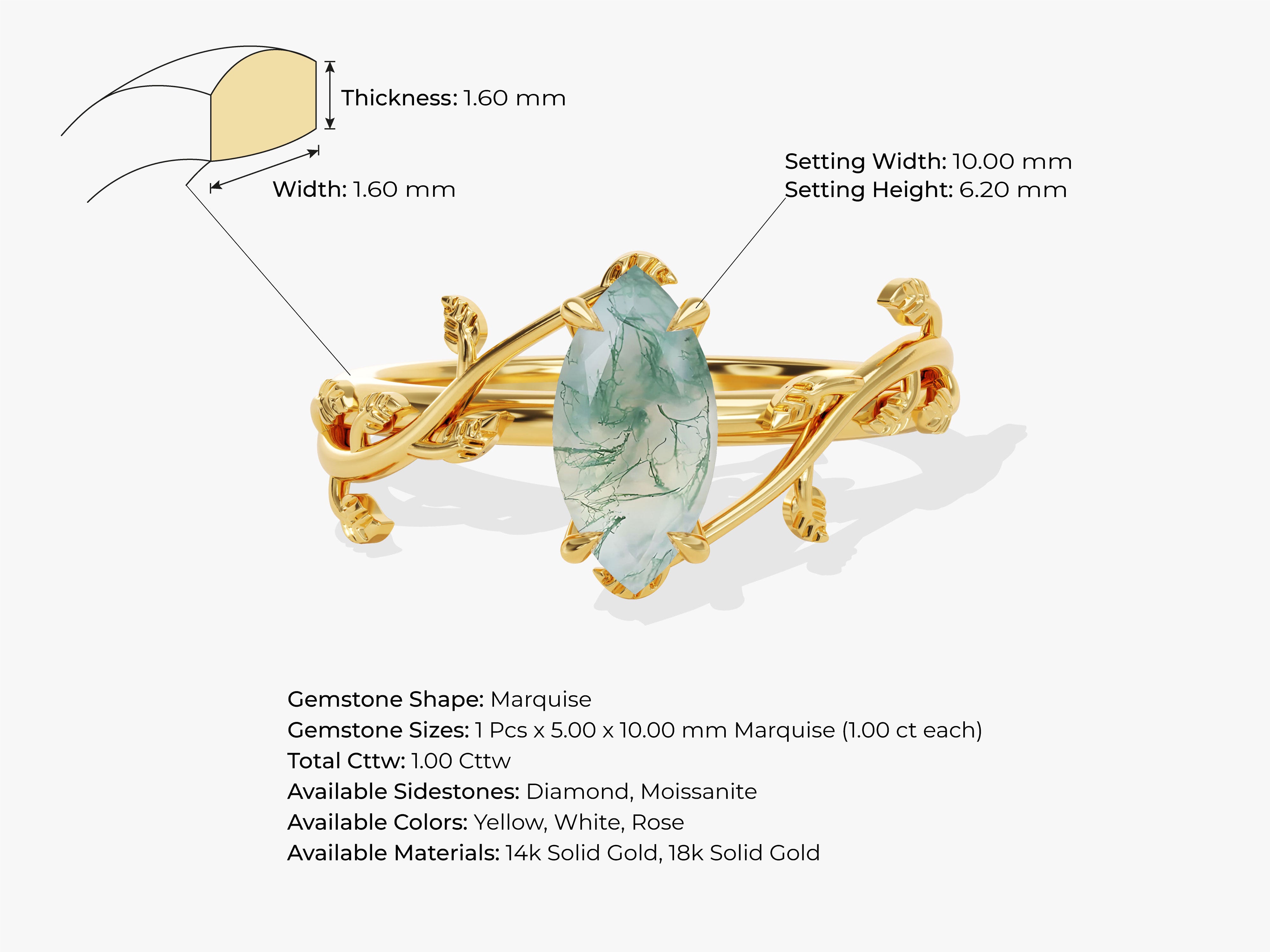Gold marquise moss agate ring with leaf design