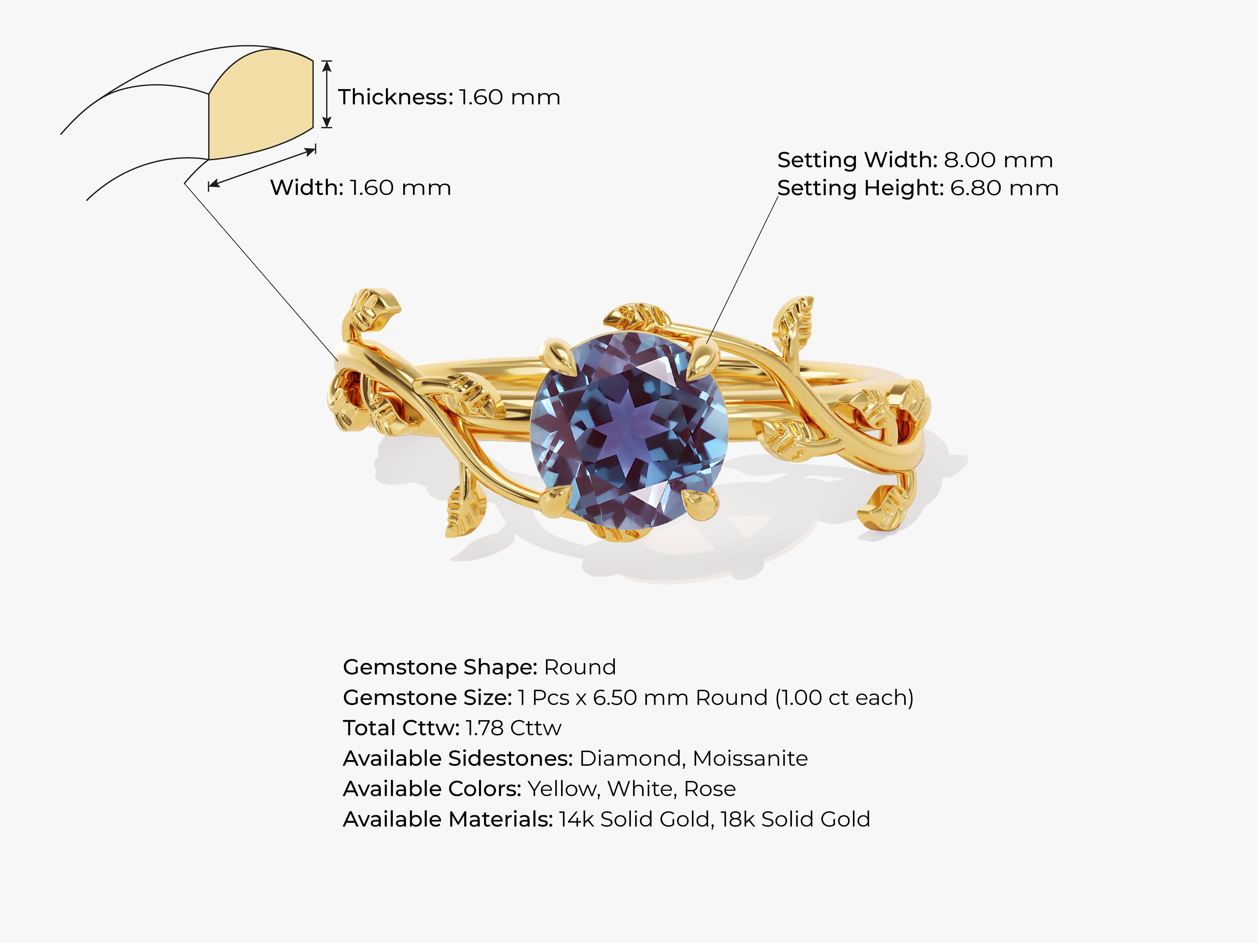 Gold ring with alexandrite gemstone, leaf design, jewelry details