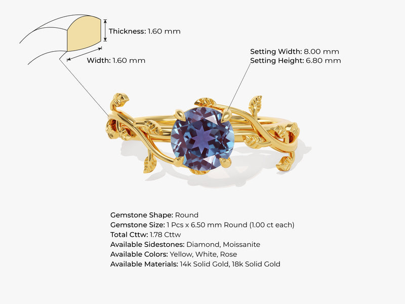 Round Lab Alexandrite Nature Inspired Engagement Ring