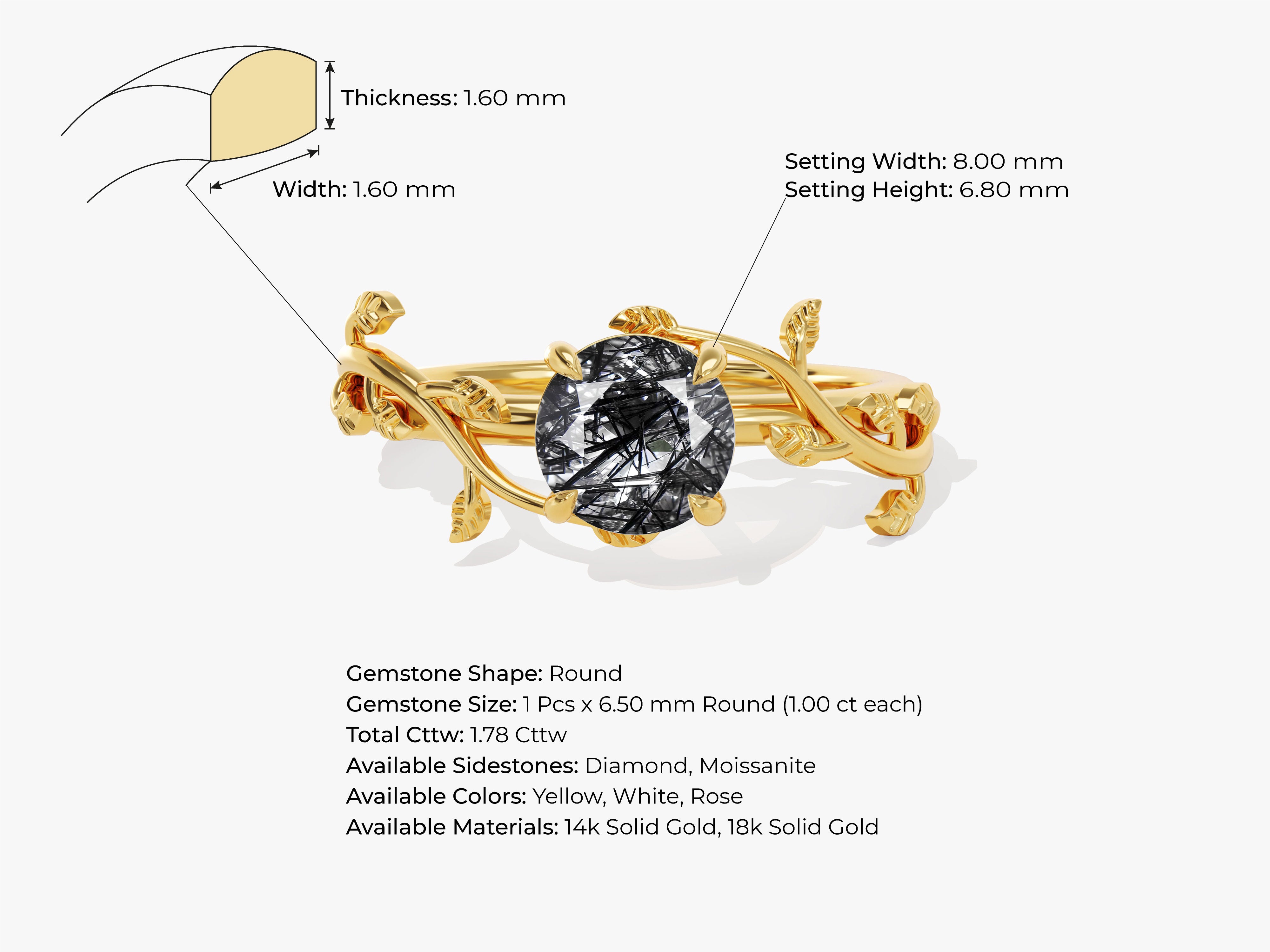 Gold ring with black gemstone, leaf design, jewelry details