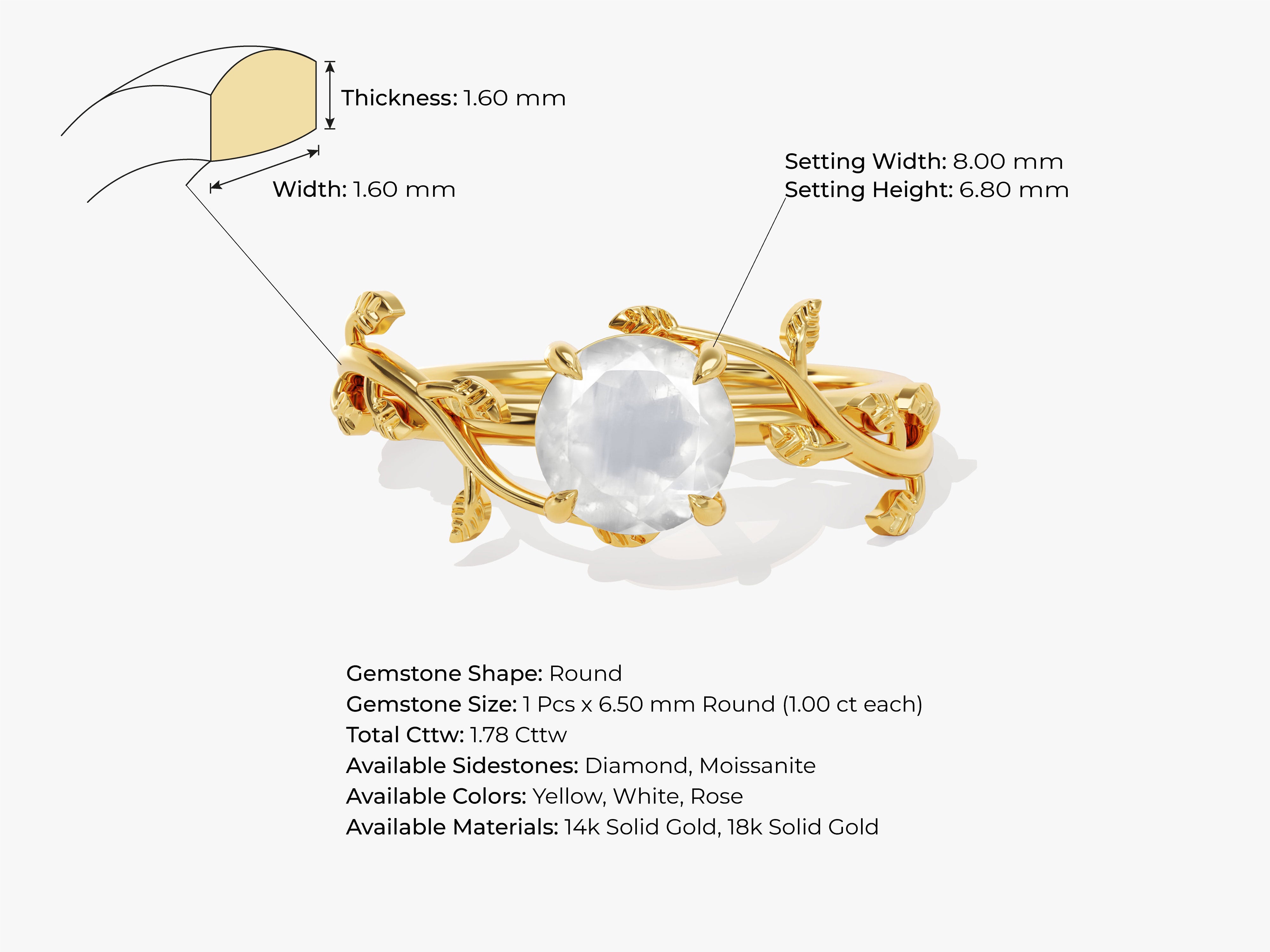 Gold vine ring with round gemstone, jewelry details