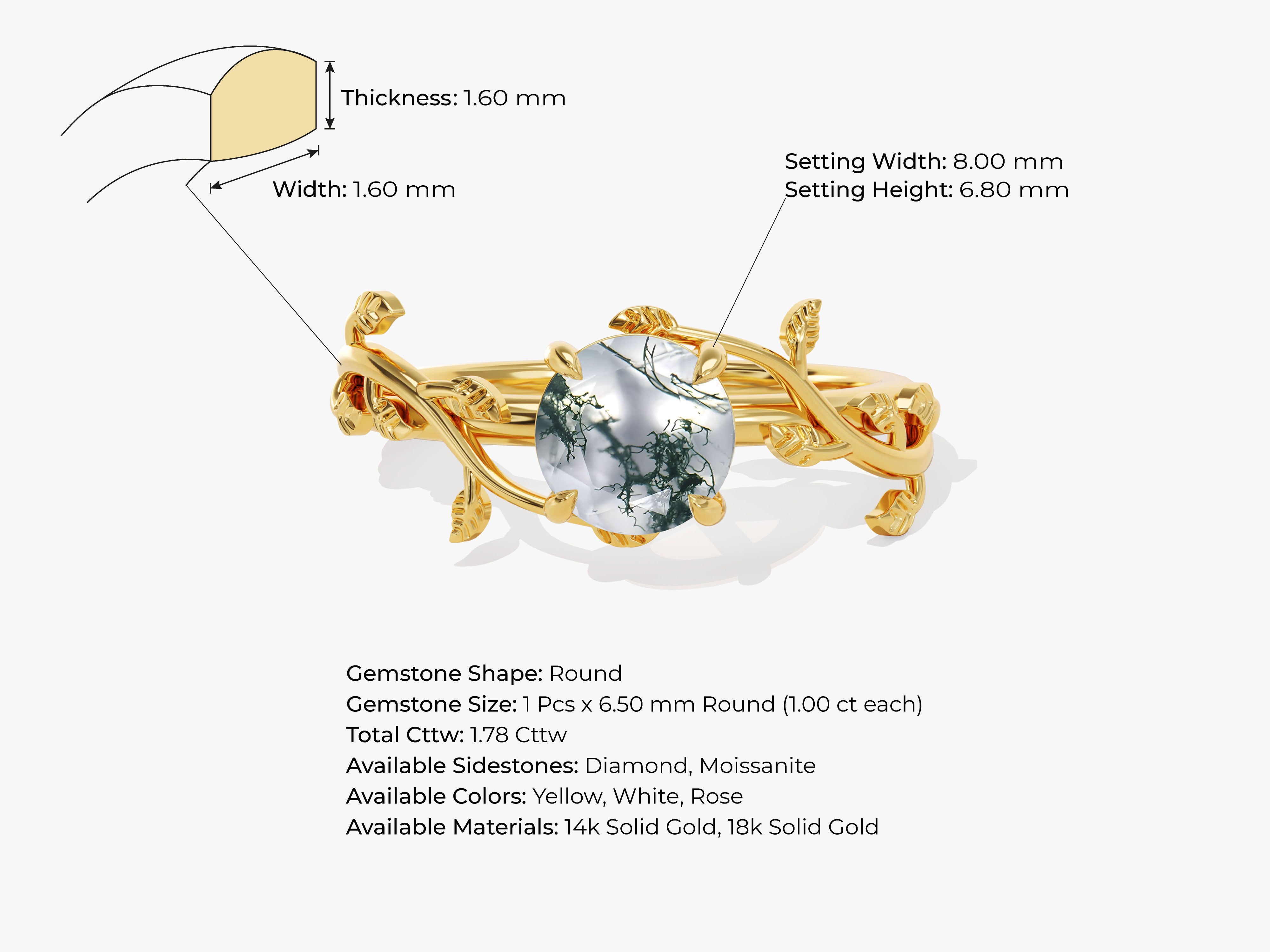 Gold ring with moss agate gemstone, leaf design, jewelry details