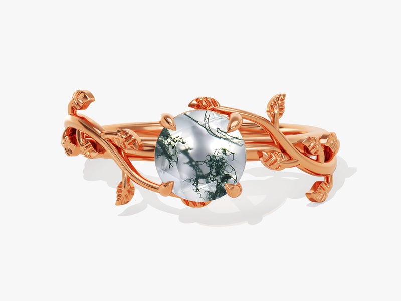 Round Moss Agate Nature Inspired Engagement Ring