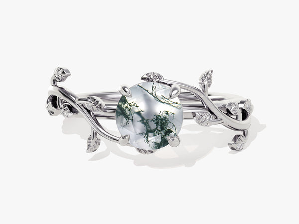 Round Moss Agate Nature Inspired Engagement Ring