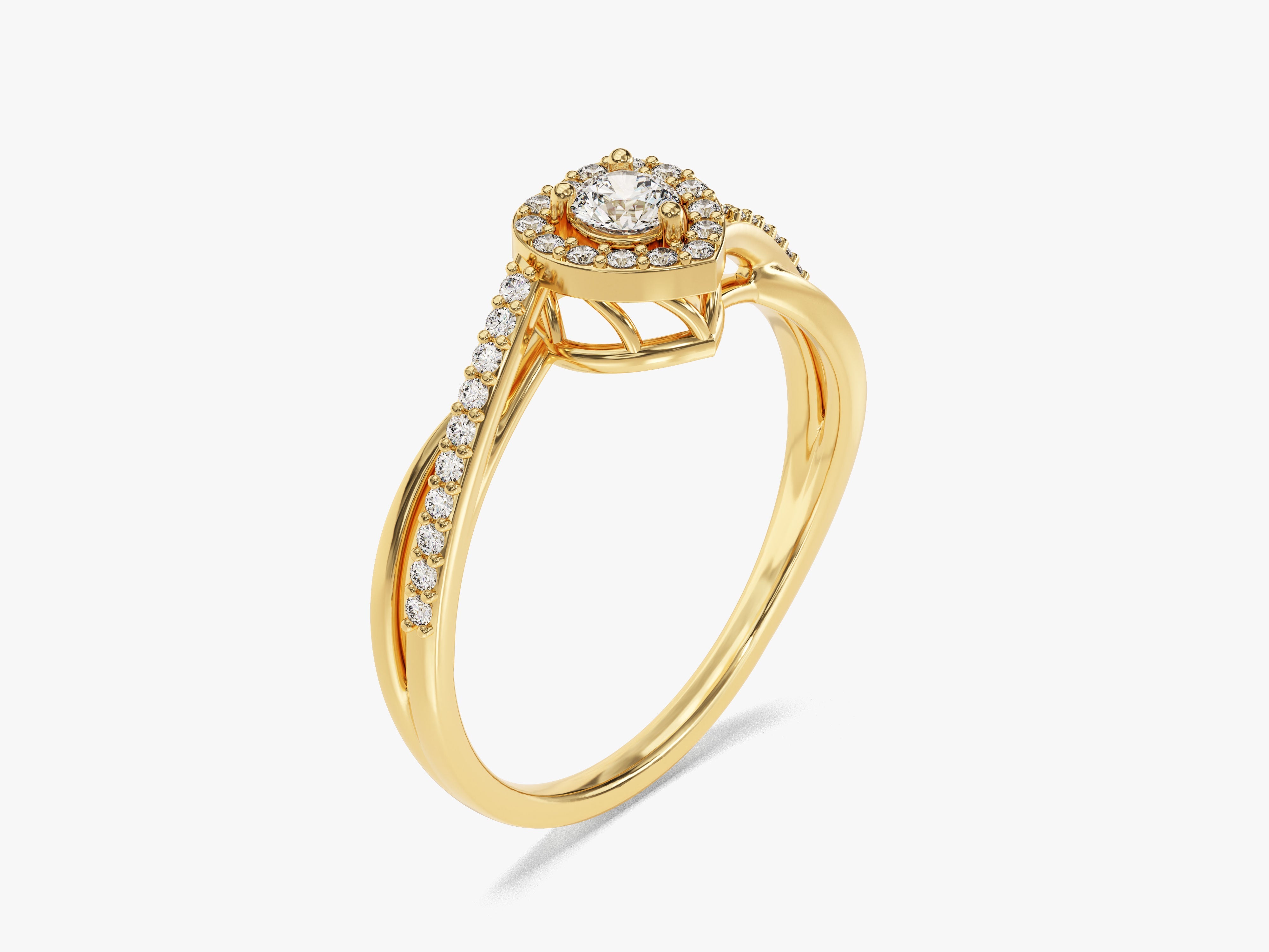 Gold diamond halo ring with twisted band