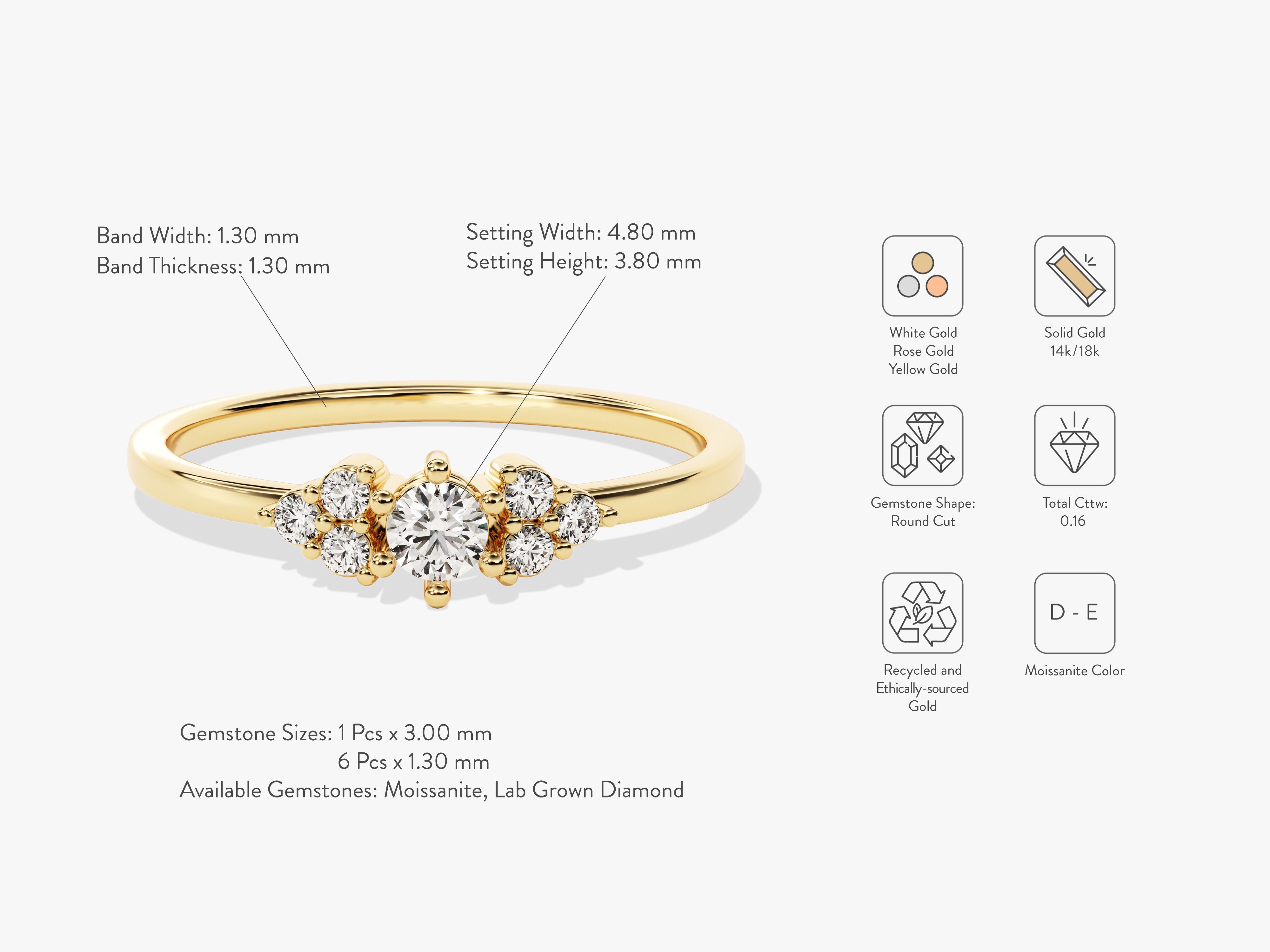 Gold ring with round cut moissanite and lab grown diamonds