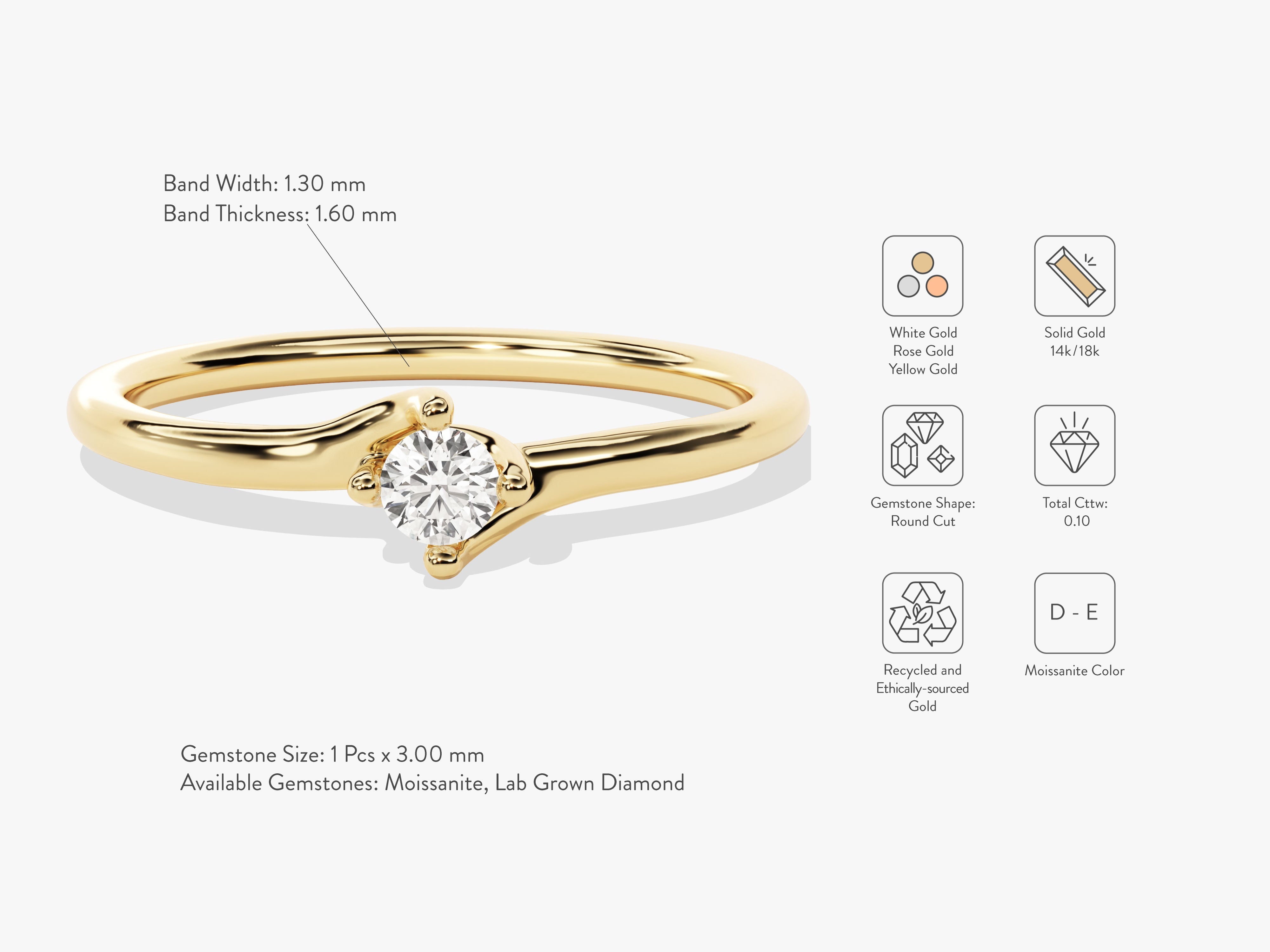 Gold ring with round cut moissanite or lab grown diamond